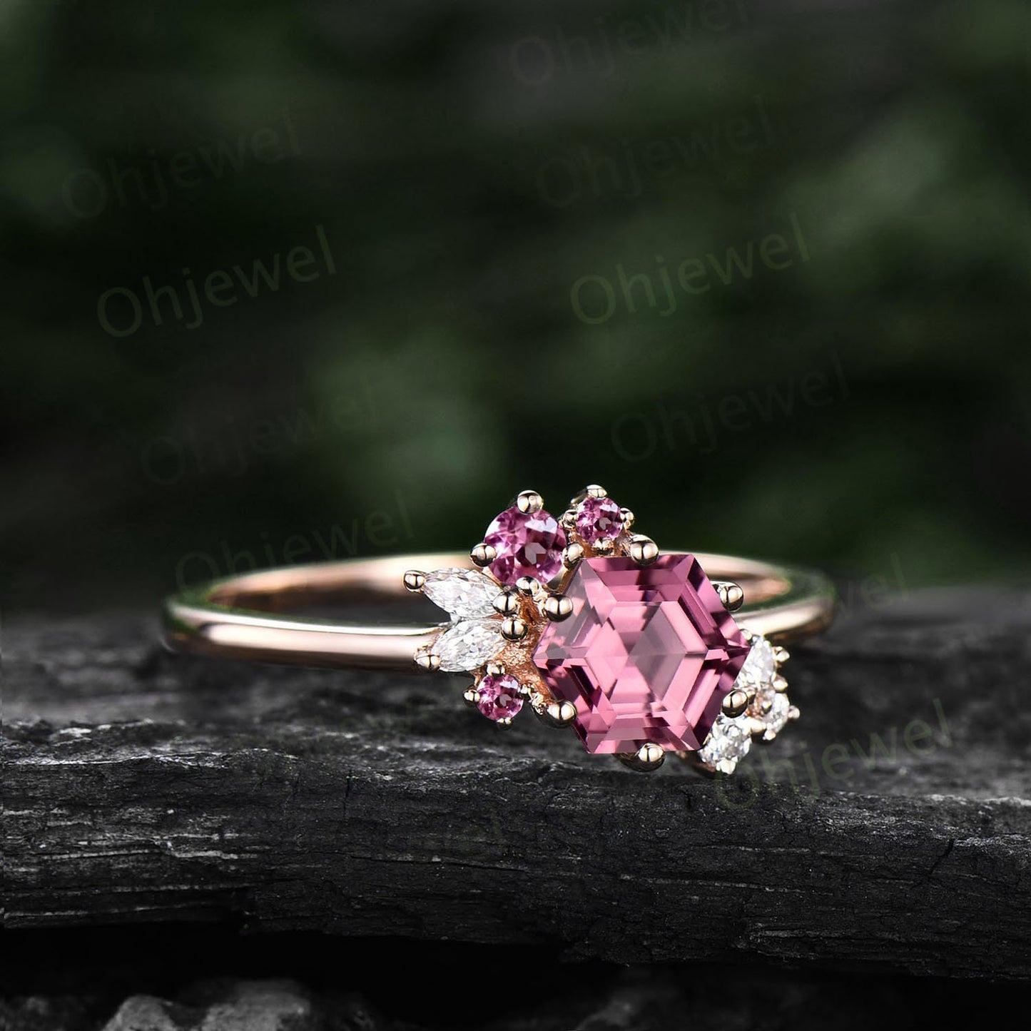 Hexagon cut Pink Tourmaline ring 14k rose gold vintage unique Pink Tourmaline engagement ring women cluster marquise diamond wedding ring