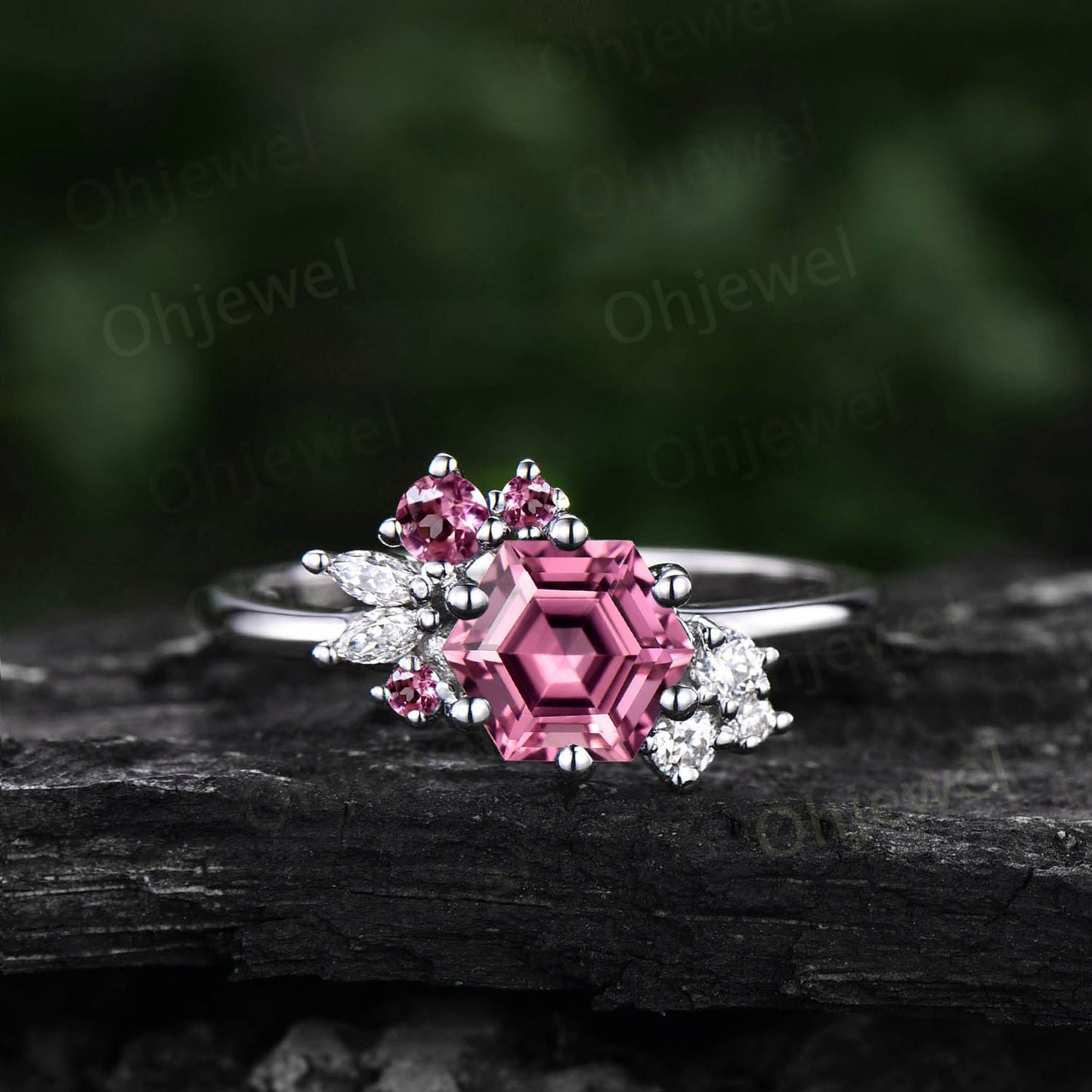 Hexagon cut Pink Tourmaline ring 14k rose gold vintage unique Pink Tourmaline engagement ring women cluster marquise diamond wedding ring