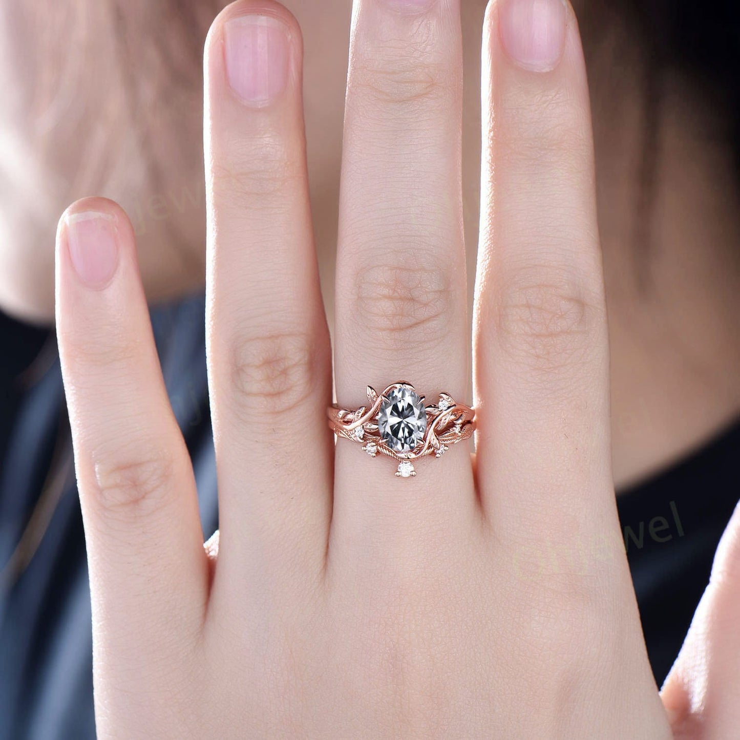 Unique oval gray Moissanite engagement ring set leaf nature inspired twig rose gold ring branch diamond promise wedding ring set women gift