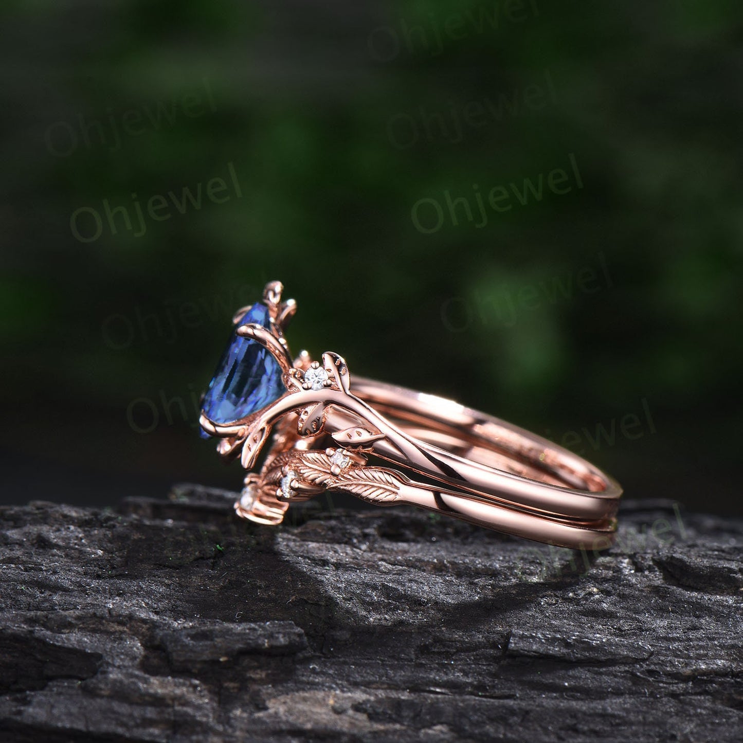 Unique oval cut Tanzanite engagement ring set leaf nature inspired twig rose gold ring branch diamond promise wedding ring set women gift