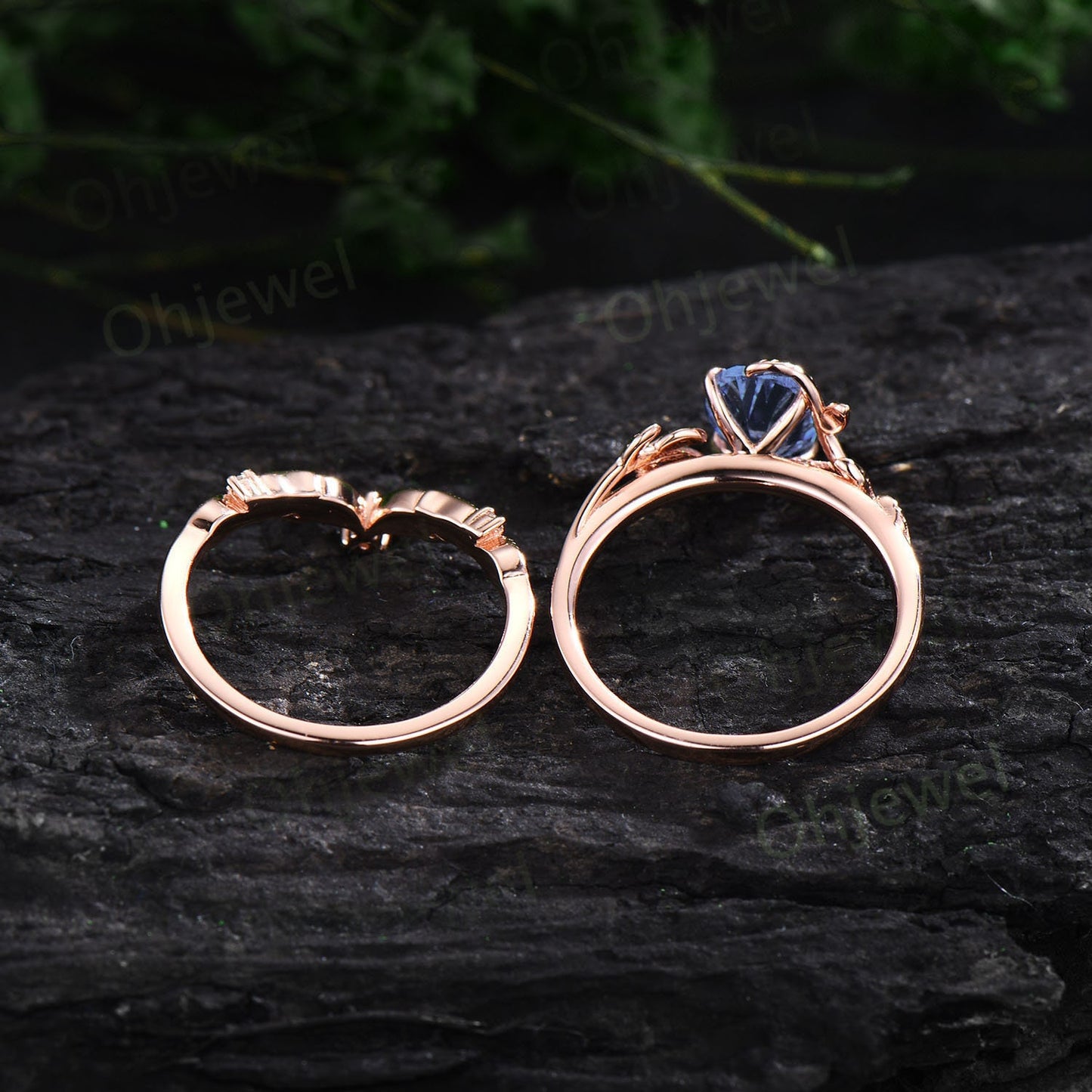 Unique oval cut Tanzanite engagement ring set leaf nature inspired twig rose gold ring branch diamond promise wedding ring set women gift