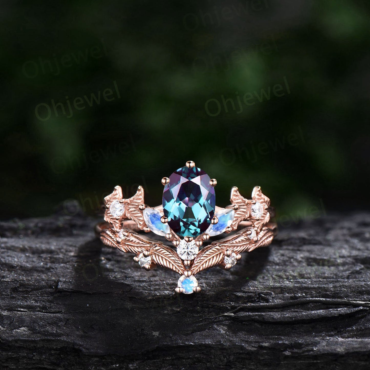 Moonstone Alexandrite ring vintage leaf twig engagement ring set nature inspired diamond ring unique branch wedding bridal ring set women
