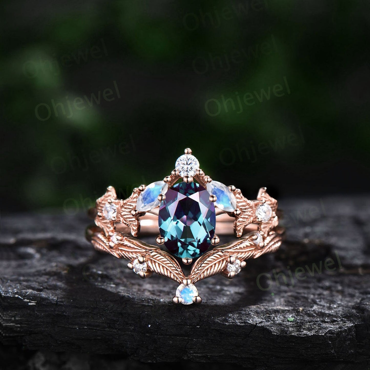 Moonstone Alexandrite ring vintage leaf twig engagement ring set nature inspired diamond ring unique branch wedding bridal ring set women