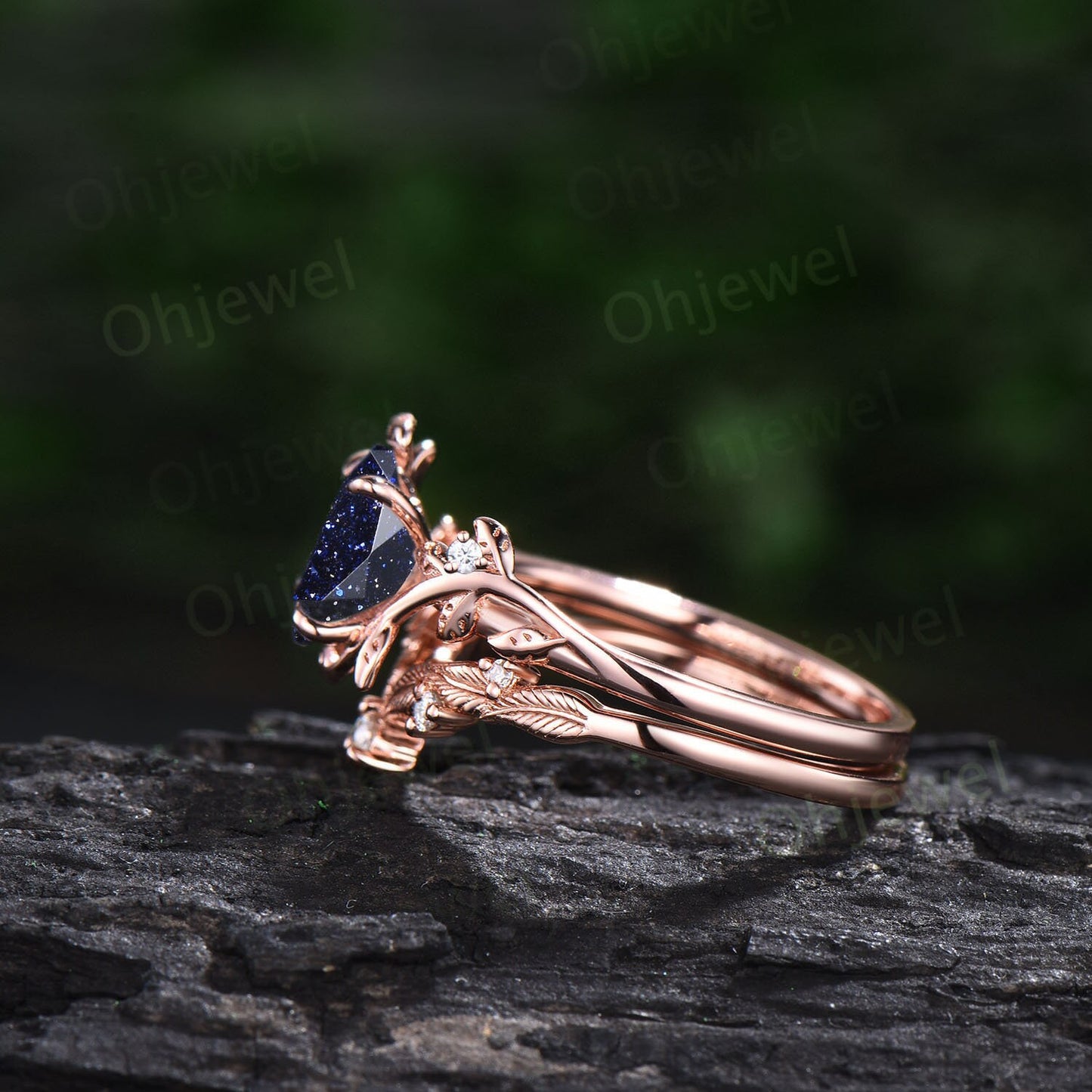 Oval cut blue sandstone ring twig leaf engagement ring set branch nature inspired rose gold ring vintage diamond bridal ring set for women