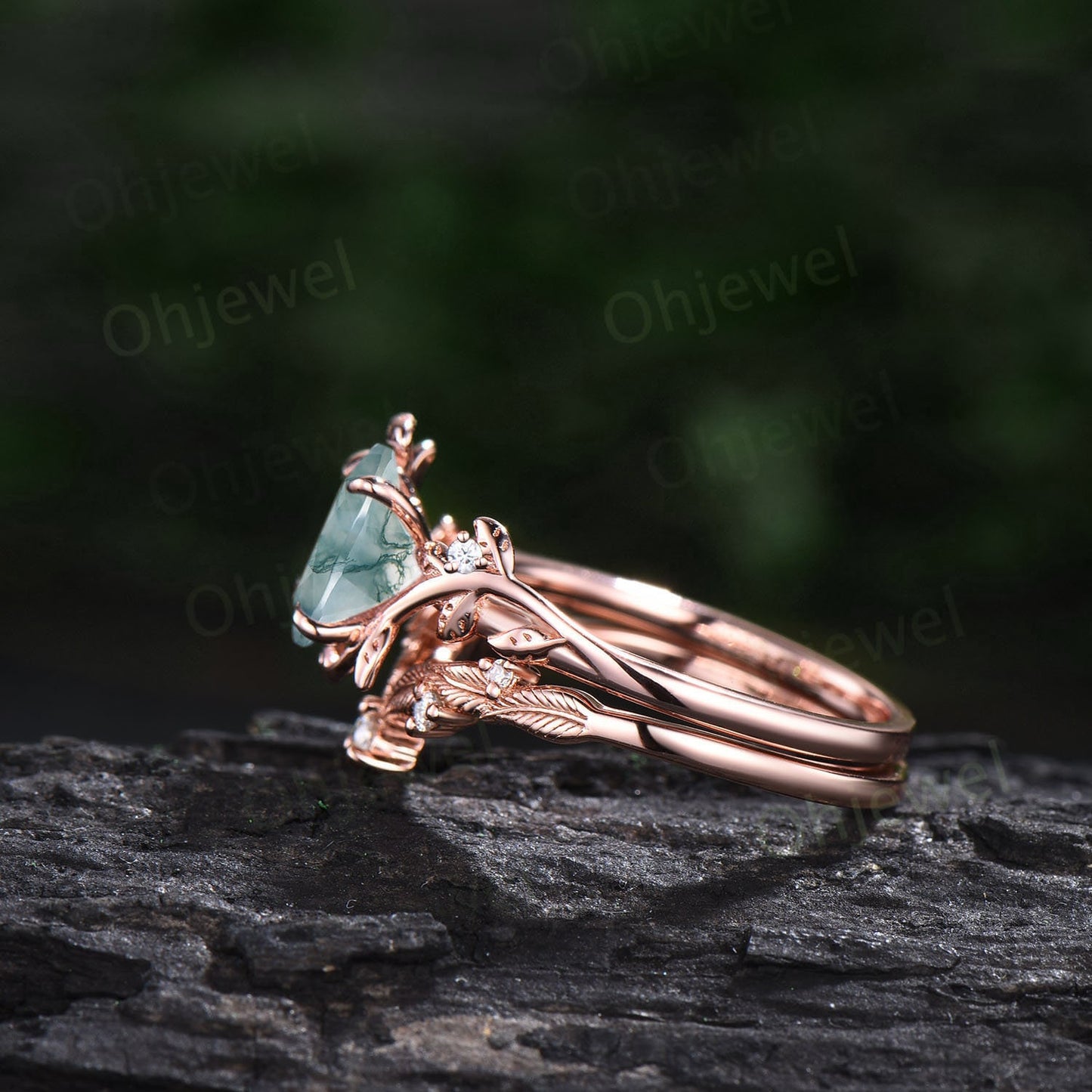 Twig oval cut green moss agate ring unique engagement ring set women leaf nature inspired rose gold ring branch diamond bridal ring set gift