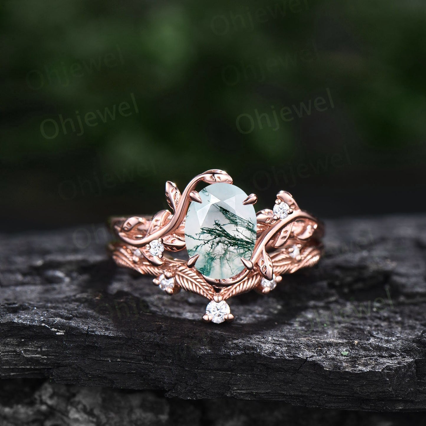 Twig oval cut green moss agate ring unique engagement ring set women leaf nature inspired rose gold ring branch diamond bridal ring set gift