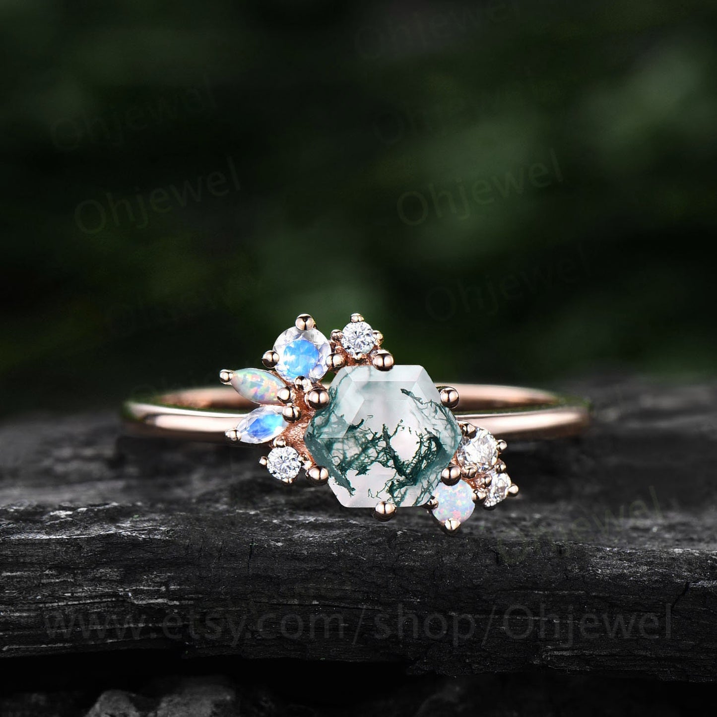 Hexagon cut green moss agate ring rose gold silver vintage unique engagement ring cluster emerald moissanite bridal wedding ring women gift