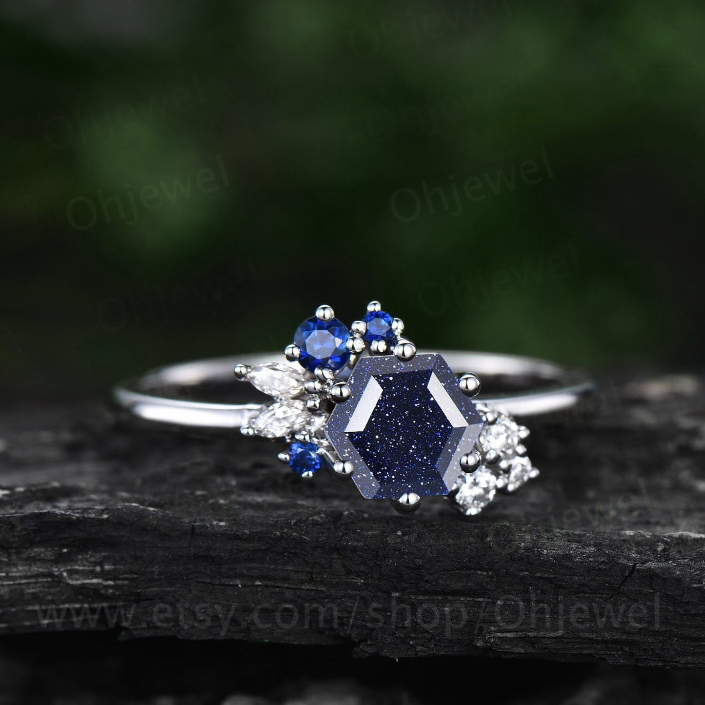 Hexagon cut blue sandstone ring rose gold silver for women vintage unique engagement ring dainty art deco sapphire moissanite wedding ring