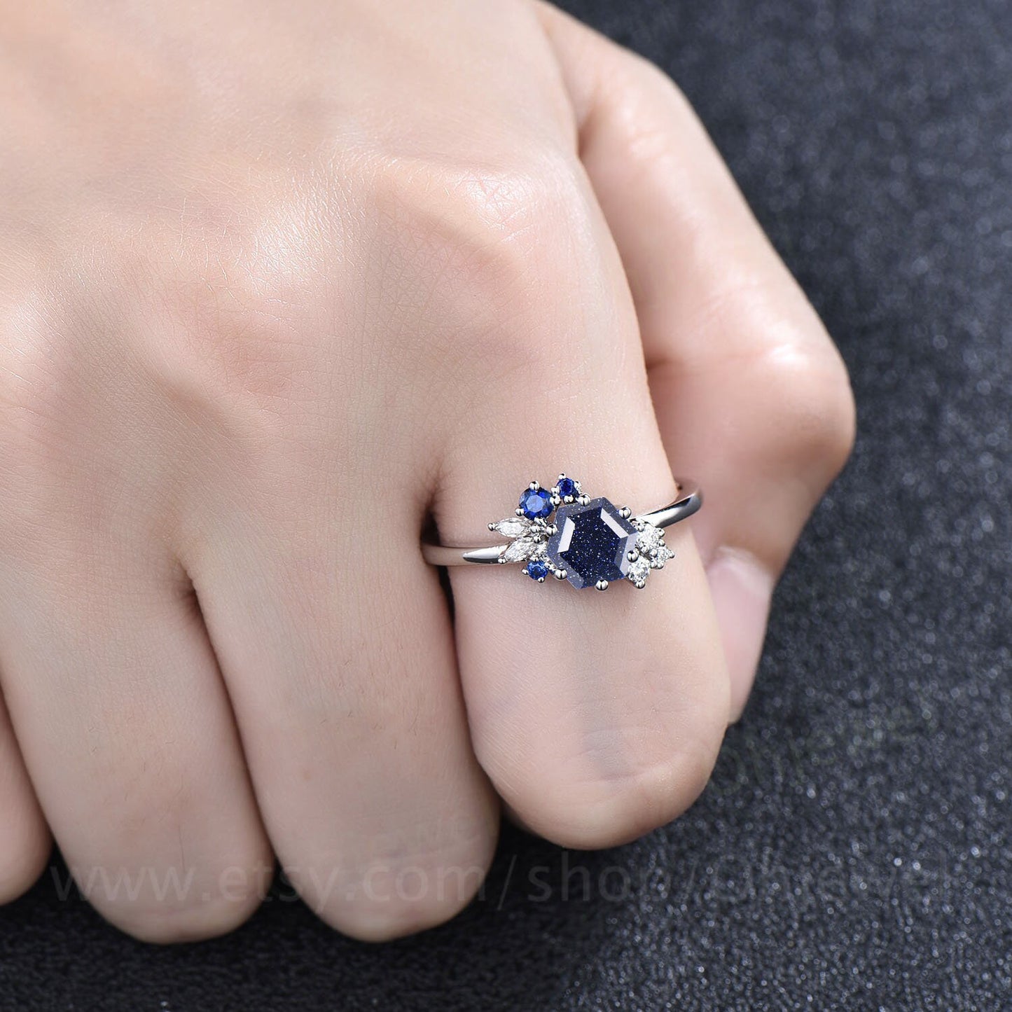 Hexagon cut blue sandstone ring rose gold silver for women vintage unique engagement ring dainty art deco sapphire moissanite wedding ring