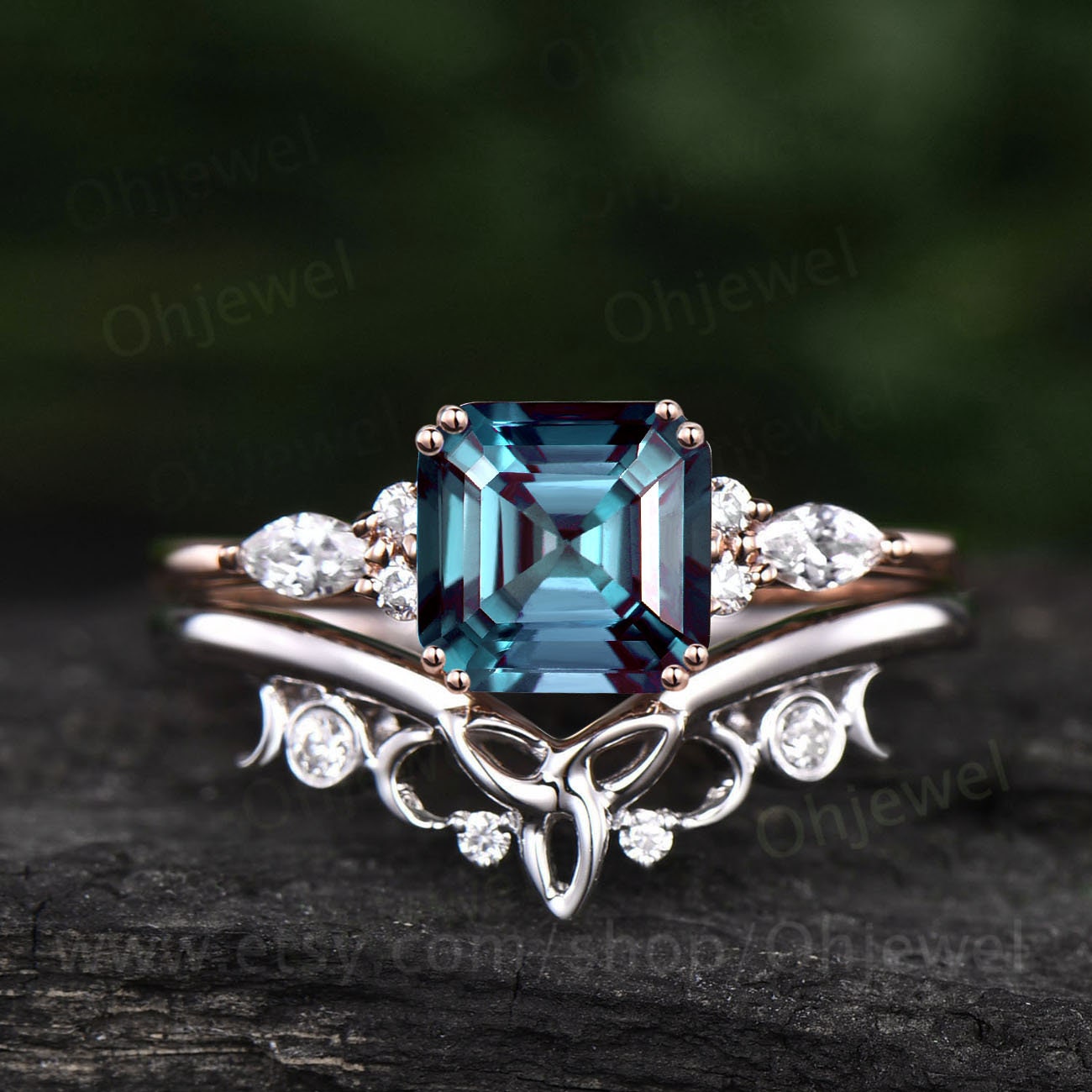 Asscher cut Alexandrite engagement ring set solid 14k rose gold art deco unique marquise diamond wedding bridal ring set for women jewelry
