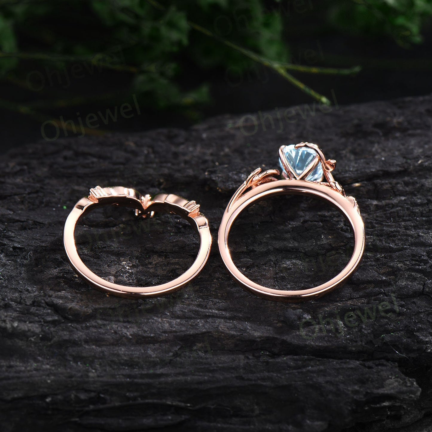 Twig oval cut aquamarine ring unique engagement ring set women leaf nature inspired 14k rose gold ring branch diamond wedding ring set gift