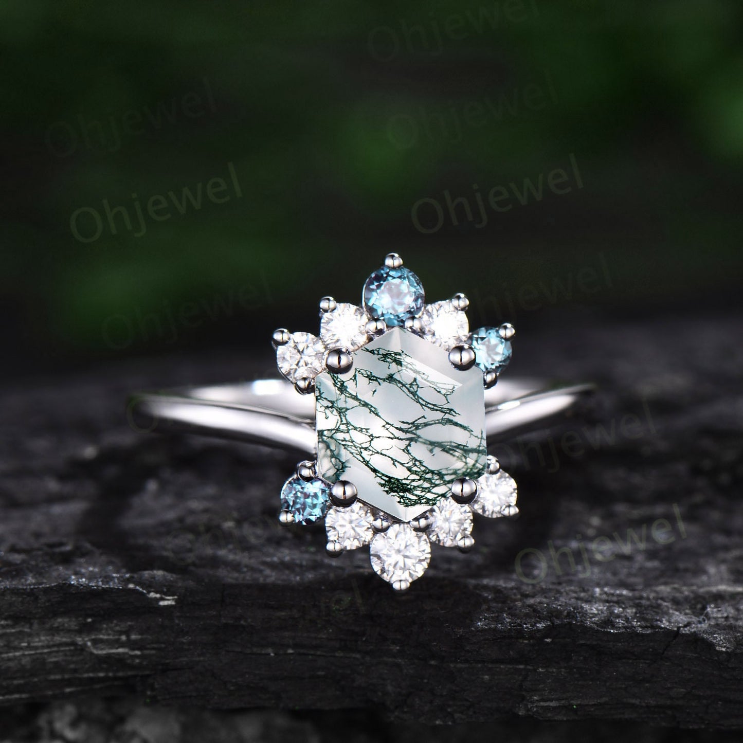 7mm Hexagon cut green moss agate ring white gold vintage unique engagement ring for women cluster diamond alexandrite wedding ring silver