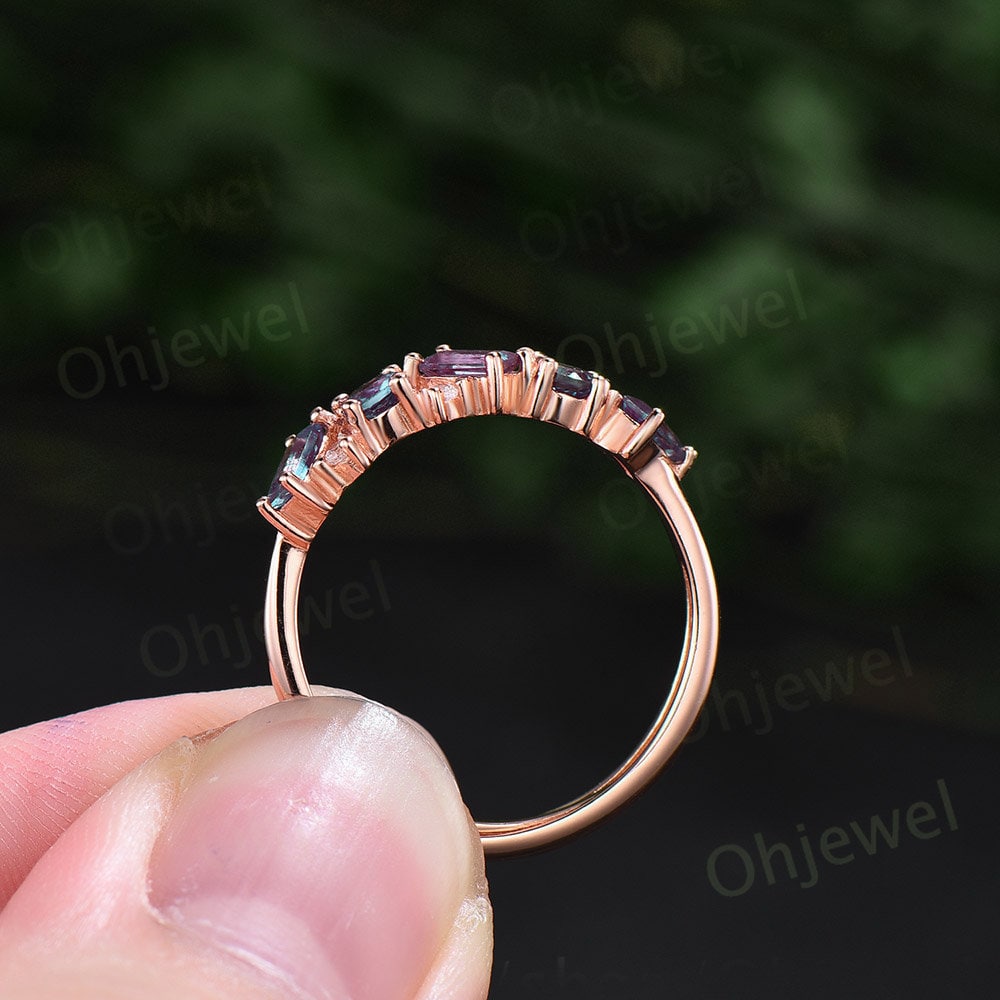 Baguette cut Alexandrite ring vintage solid 14k rose gold dainty moissanite wedding ring band women unique anniversary ring gift