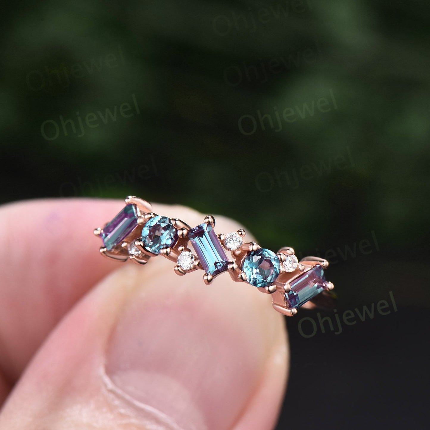 Baguette cut Alexandrite ring vintage solid 14k rose gold dainty moissanite wedding ring band women unique anniversary ring gift