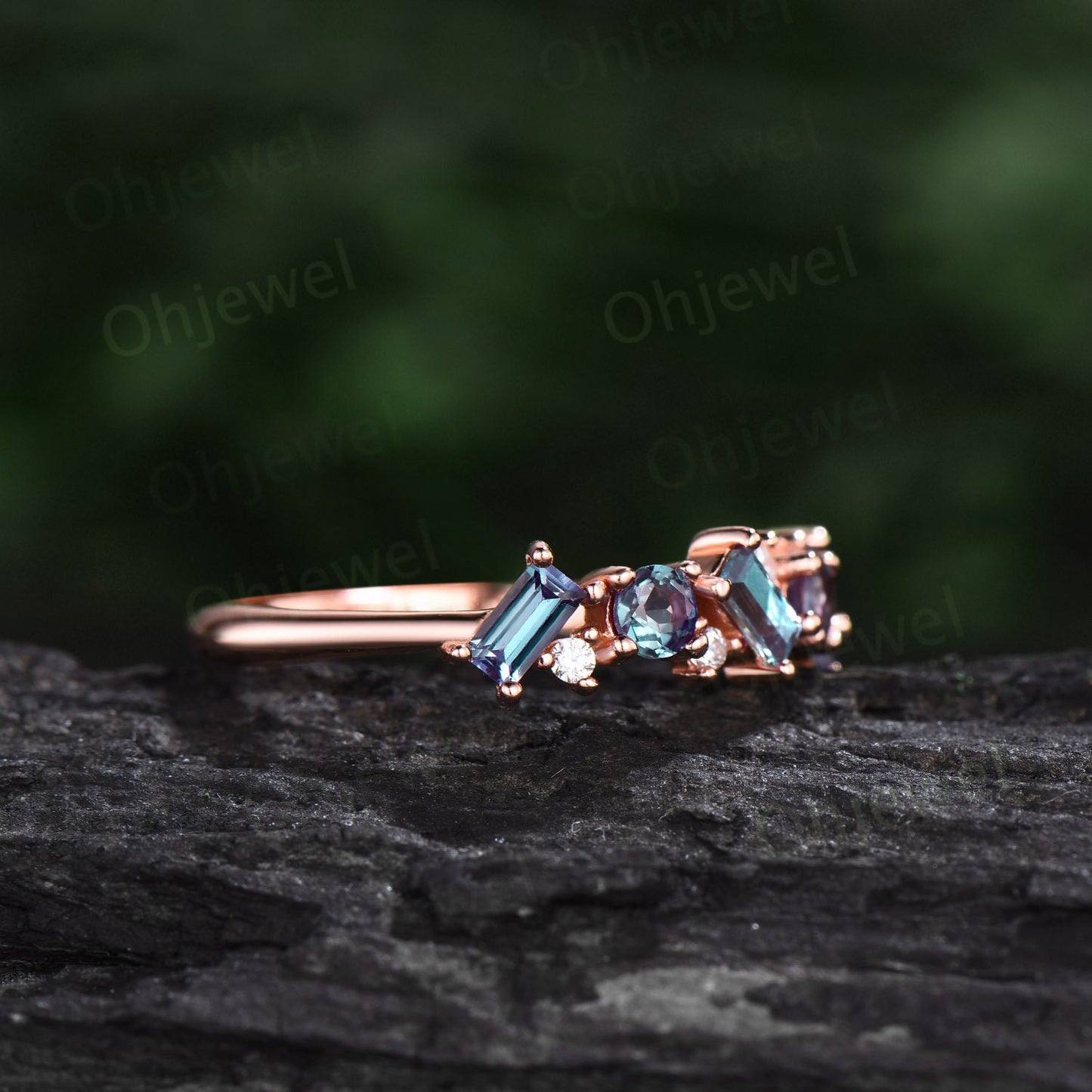 Baguette cut Alexandrite ring vintage solid 14k rose gold dainty moissanite wedding ring band women unique anniversary ring gift