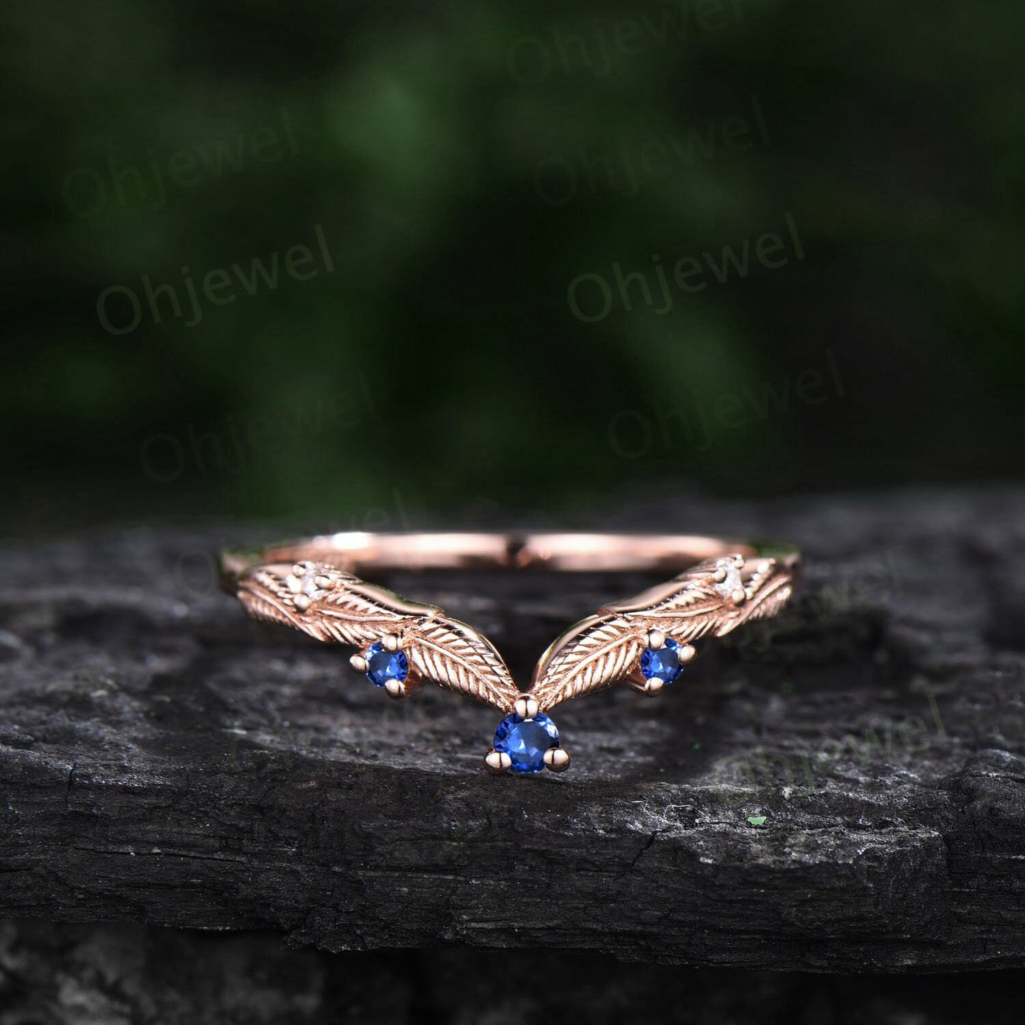 Vintage oval blue sandstone engagement ring set rose gold twig marquise cut sapphire ring branch leaf moissanite anniversary ring set women