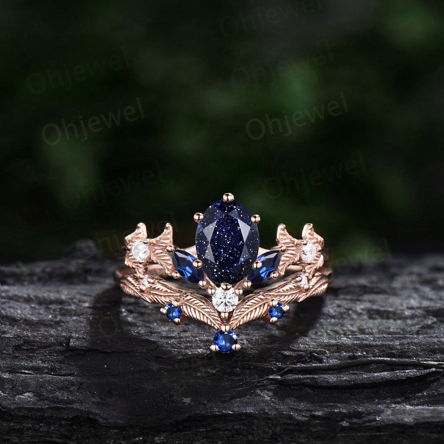 Vintage oval blue sandstone engagement ring set rose gold twig marquise cut sapphire ring branch leaf moissanite anniversary ring set women