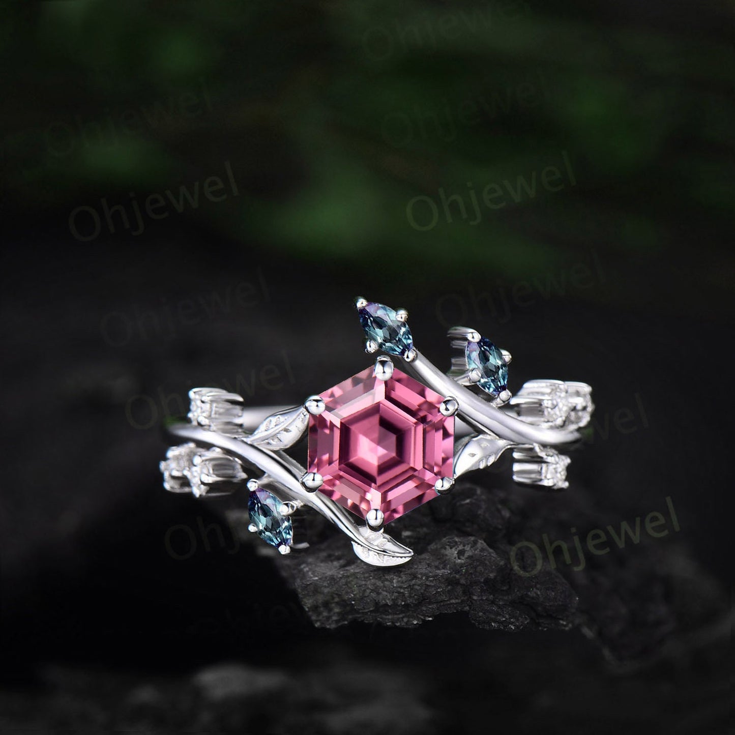 Hexagon cut Pink Tourmaline engagement ring 14k rose gold Nature inspired leaf twig diamond ring women cluster alexandrite ring silver gift