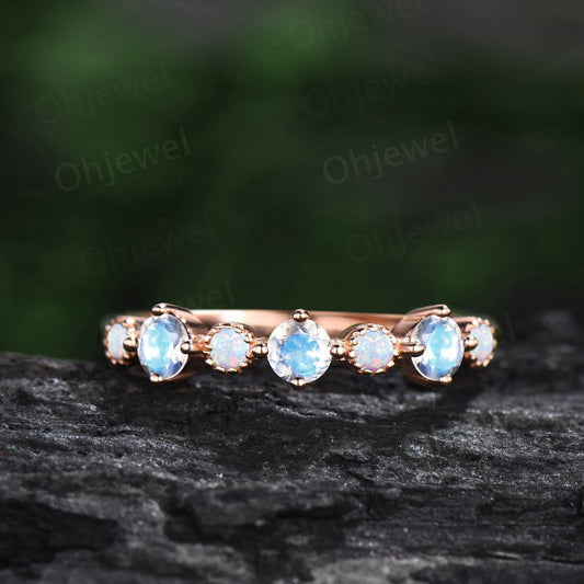Vintage round cut moonstone ring 14k rose gold white opal ring sterling silver unique engagement ring women dainty anniversary ring gift
