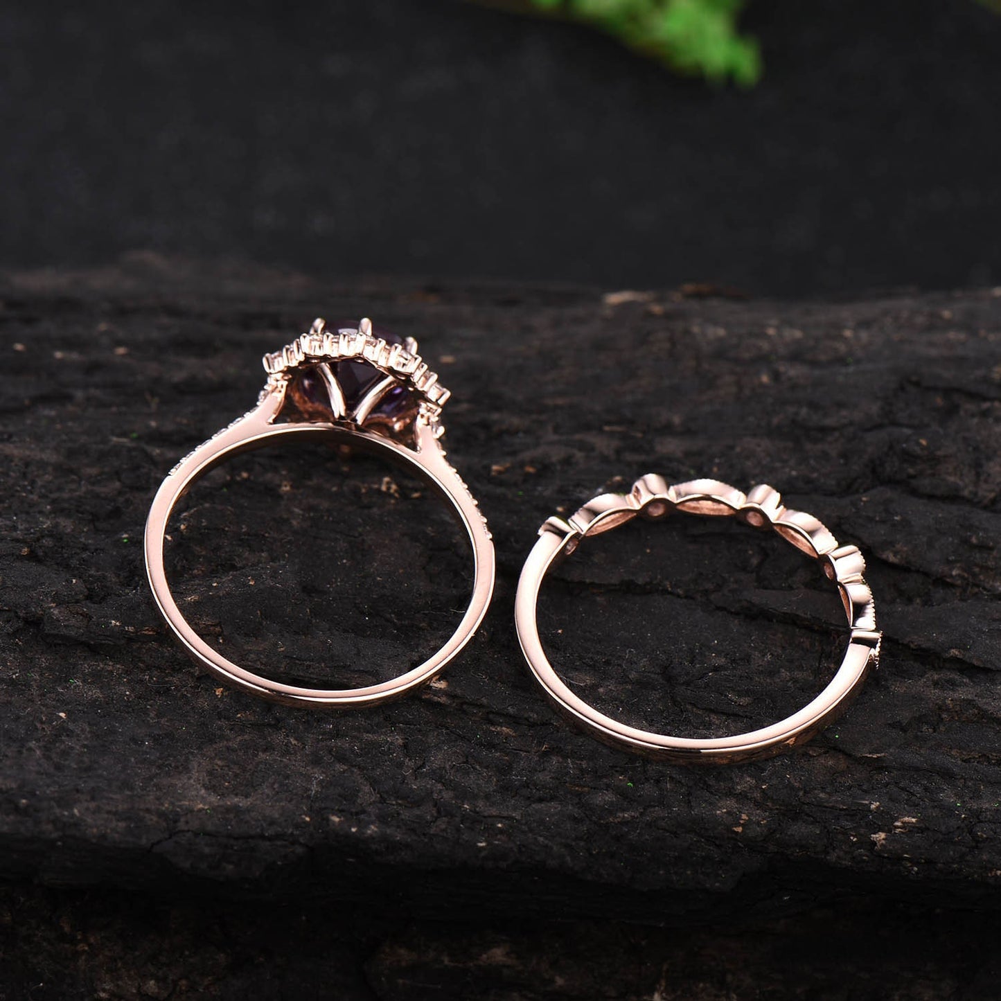 2ct round Amethyst ring rose gold vintage unique Amethyst engagement ring set halo snowdrift moissanite bridal anniversary ring set women