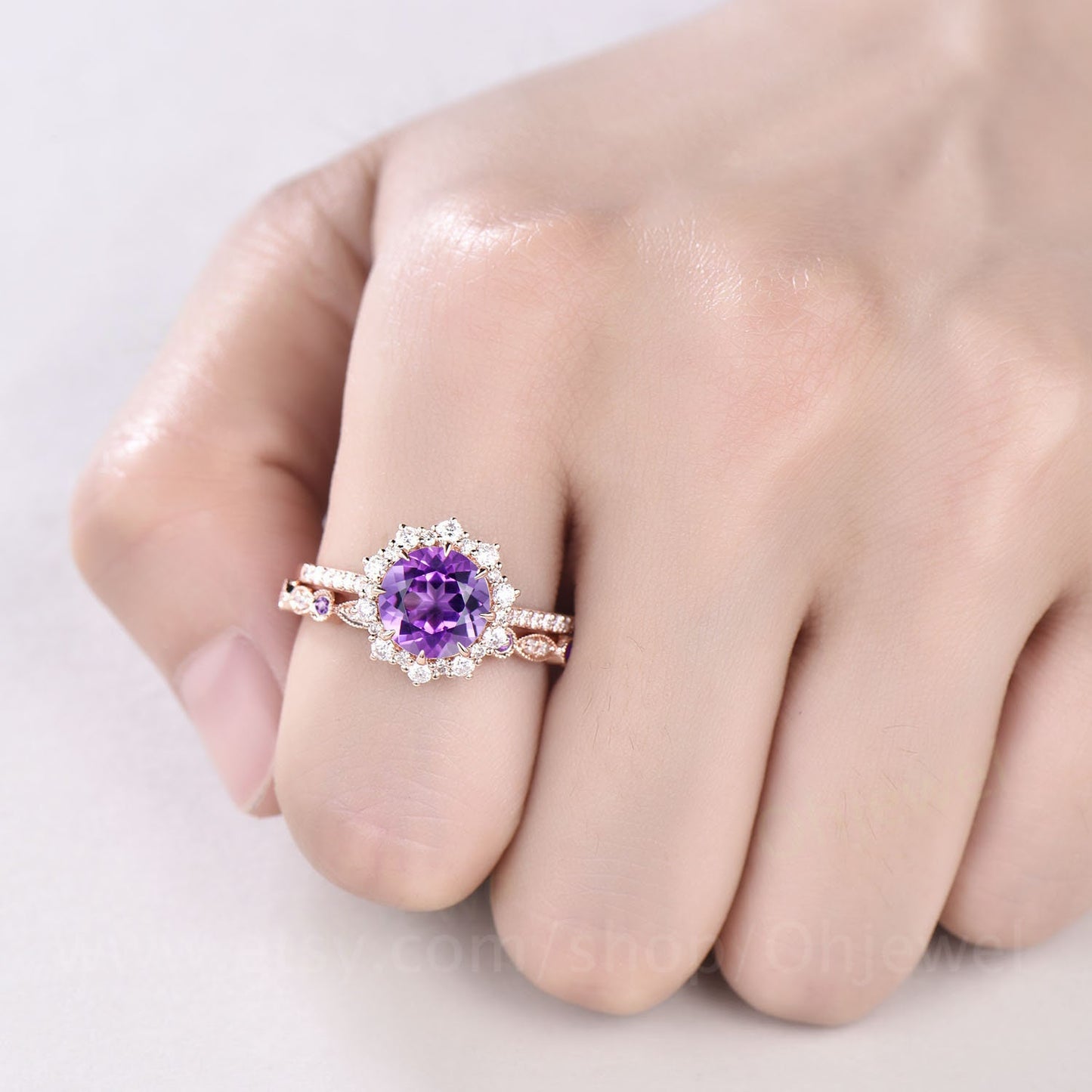 2ct round Amethyst ring rose gold vintage unique Amethyst engagement ring set halo snowdrift moissanite bridal anniversary ring set women
