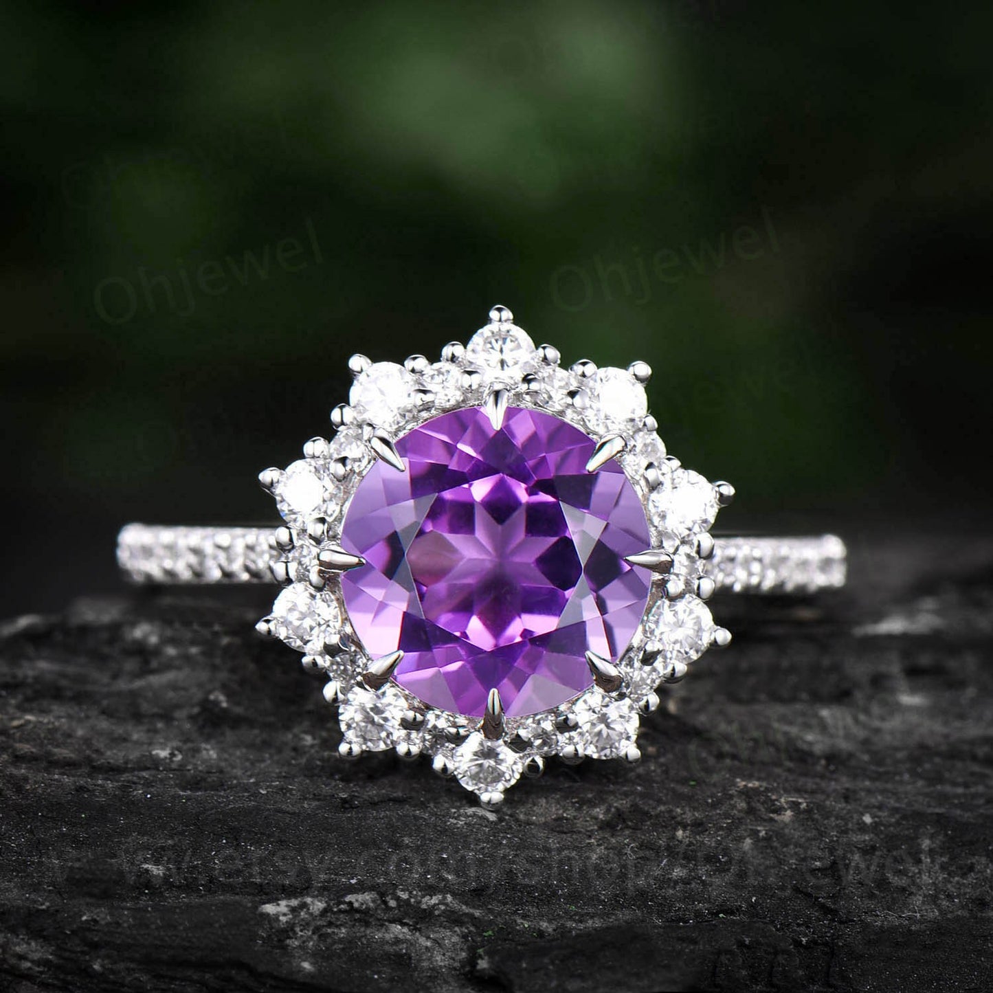 2ct round Amethyst ring rose gold vintage unique Amethyst engagement ring set halo snowdrift moissanite bridal anniversary ring set women