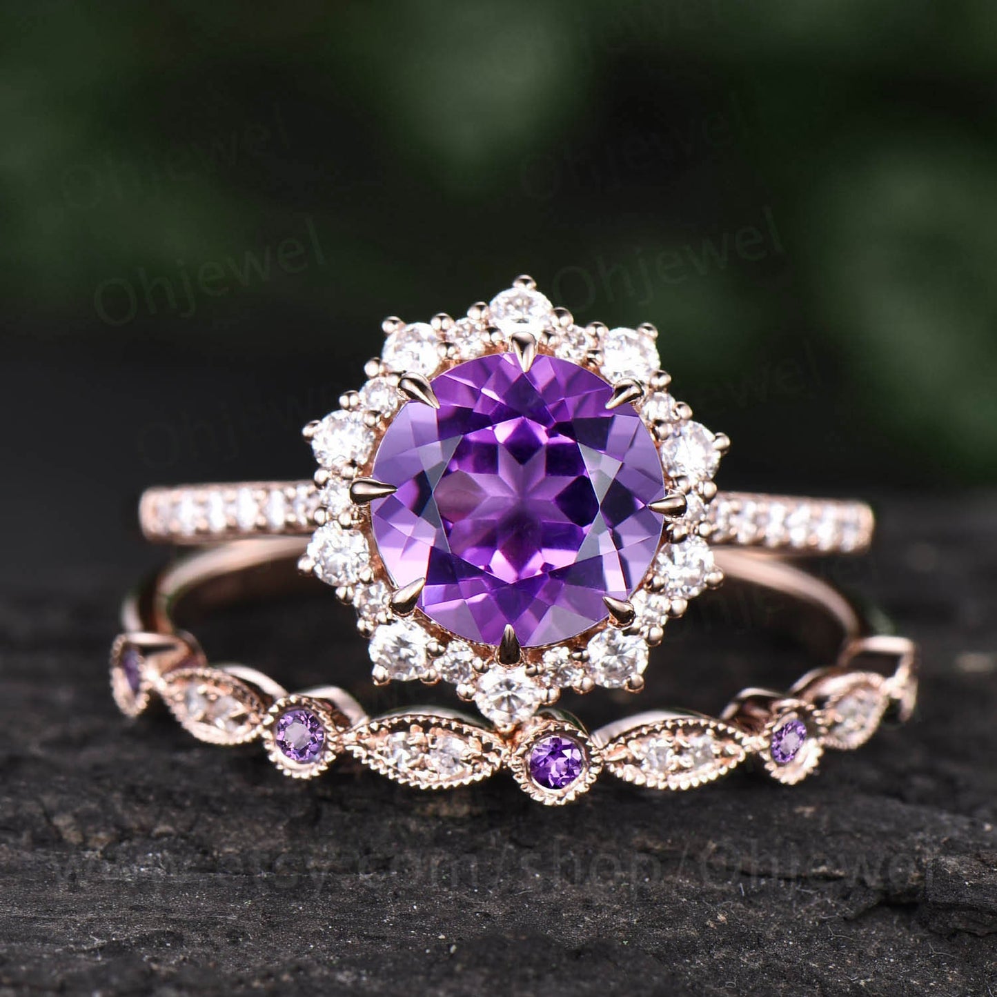 2ct round Amethyst ring rose gold vintage unique Amethyst engagement ring set halo snowdrift moissanite bridal anniversary ring set women