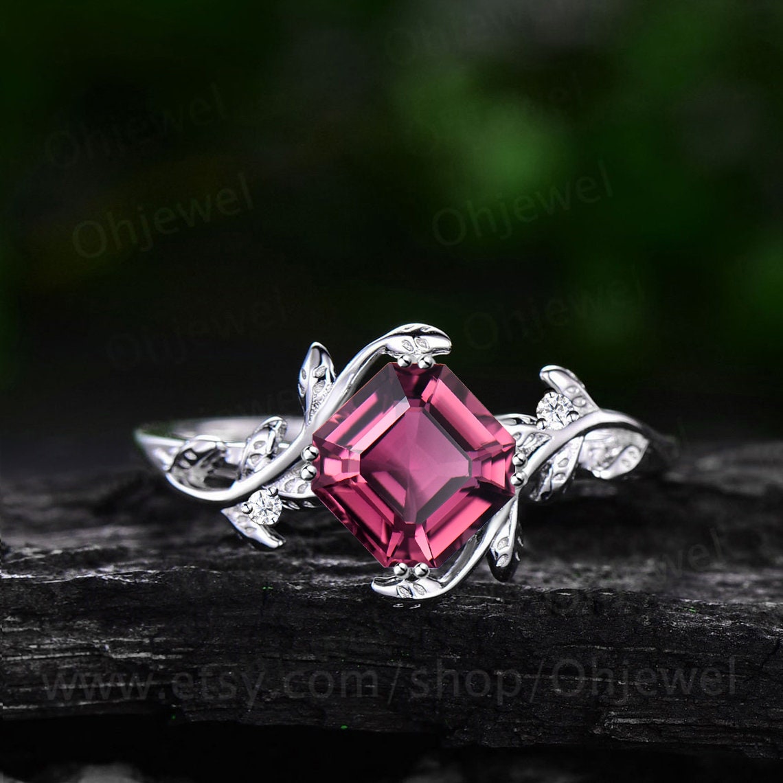 Twig Asscher cut Pink Tourmaline engagement ring 14k rose gold leaf branch three stone diamond ring unique promise wedding ring women gift