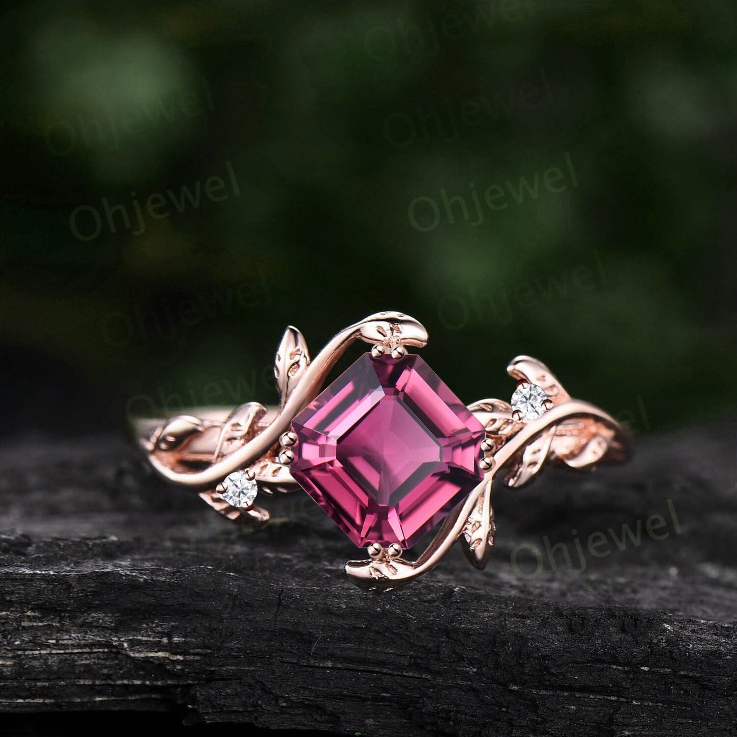 Twig Asscher cut Pink Tourmaline engagement ring 14k rose gold leaf branch three stone diamond ring unique promise wedding ring women gift