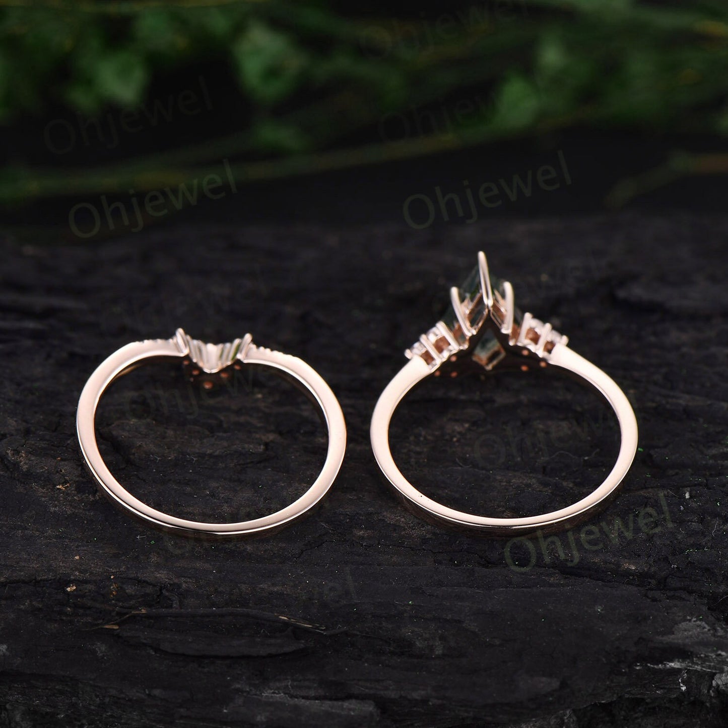 Dainty kite cut moissanite engagement ring set solid 14k rose gold Minimalist diamond ring for women unique promise bridal ring set gift