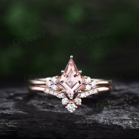 Dainty kite cut morganite engagement ring set solid 14k rose gold Minimalist diamond ring vintage for women unique promise bridal ring set