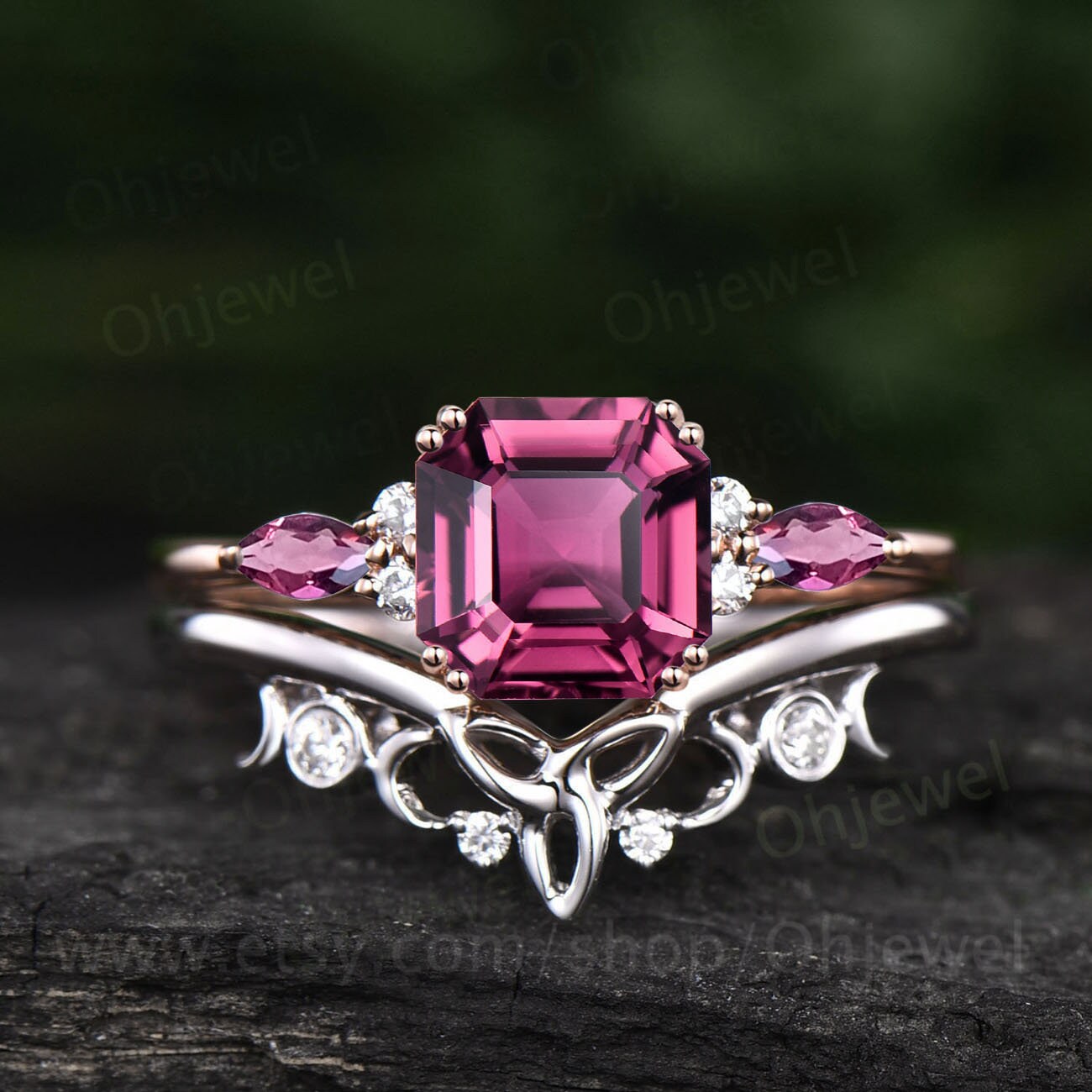 Unique Asscher cut Pink Tourmaline engagement ring set solid 14k rose gold art deco diamond wedding bridal ring set for women fine jewelry