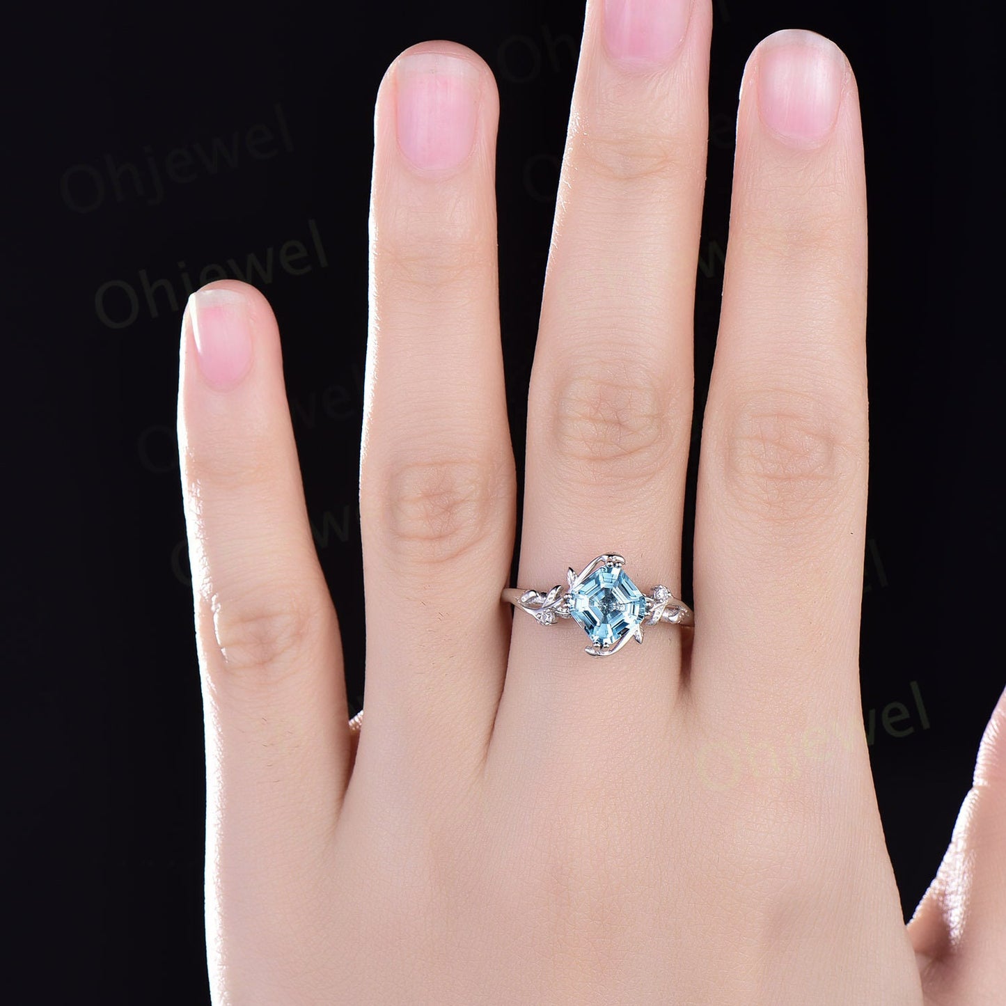 Twig Asscher cut Sky blue topaz engagement ring 14k rose gold leaf branch three stone diamond ring unique promise wedding ring women gift