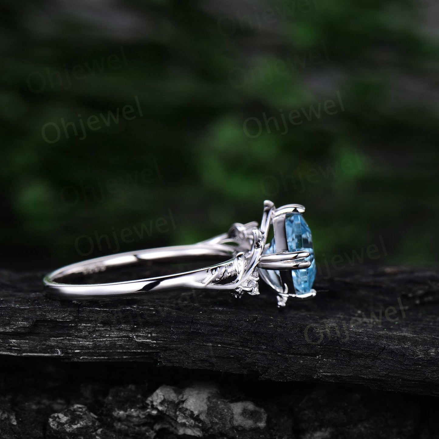Twig Asscher cut Sky blue topaz engagement ring 14k rose gold leaf branch three stone diamond ring unique promise wedding ring women gift