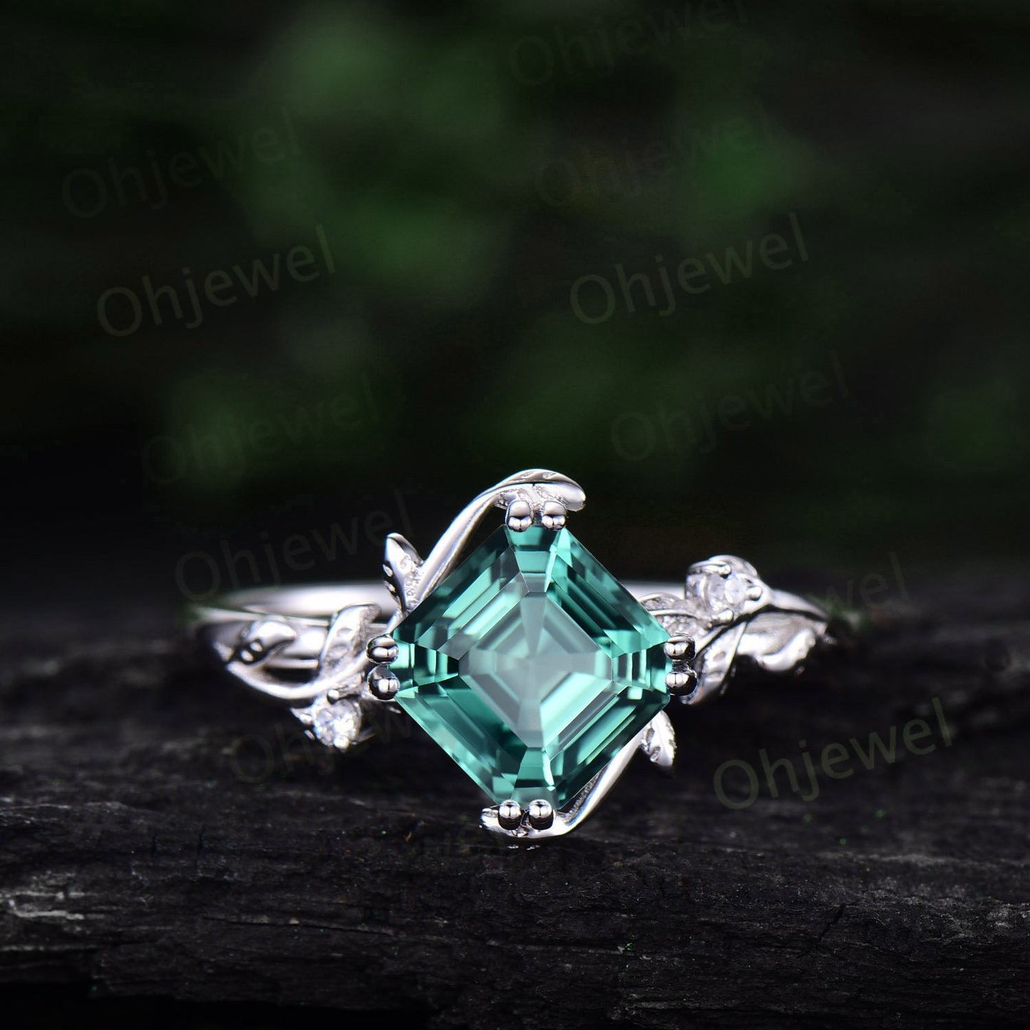 Twig Asscher cut teal green sapphire engagement ring 14k rose gold leaf branch three stone diamond ring unique promise wedding ring women