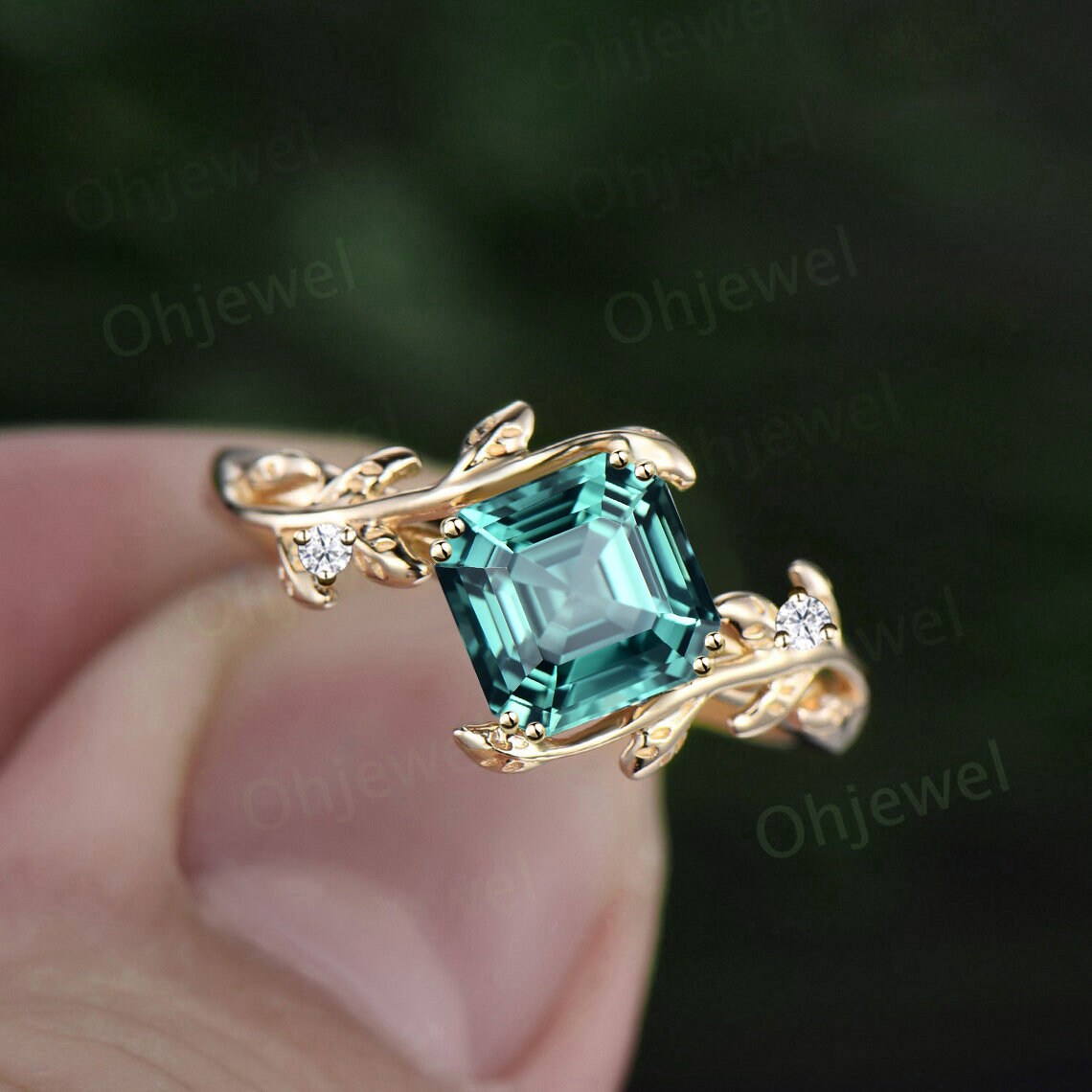 Twig Asscher cut teal green sapphire engagement ring 14k rose gold leaf branch three stone diamond ring unique promise wedding ring women