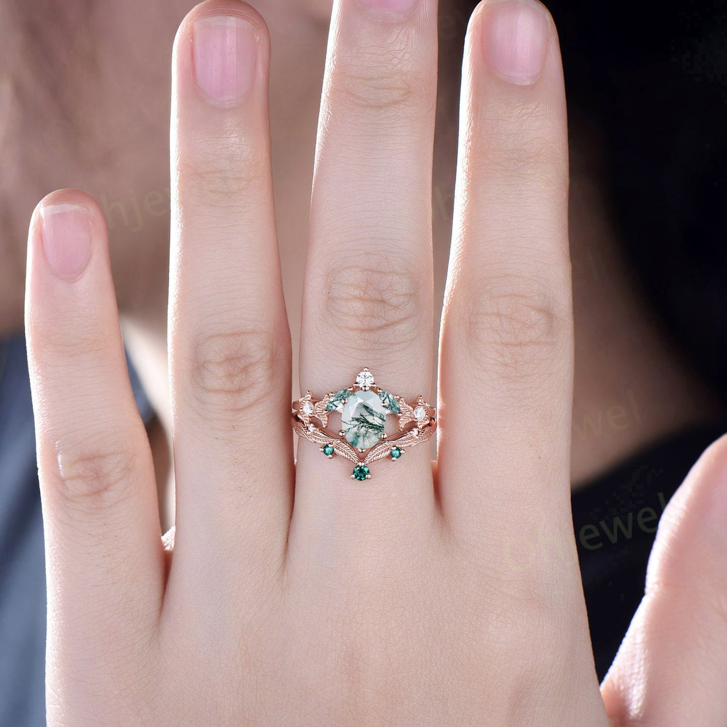 Vintage oval green moss agate engagement ring set rose gold marquise cut ring branch leaf diamond bridal anniversary ring set women gift