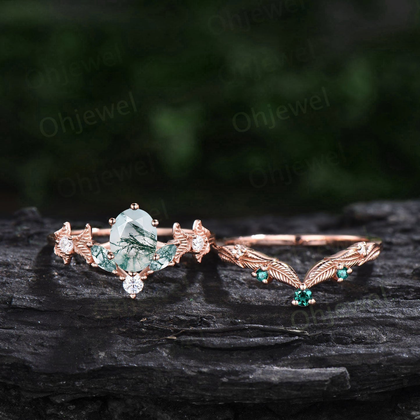 Vintage oval green moss agate engagement ring set rose gold marquise cut ring branch leaf diamond bridal anniversary ring set women gift