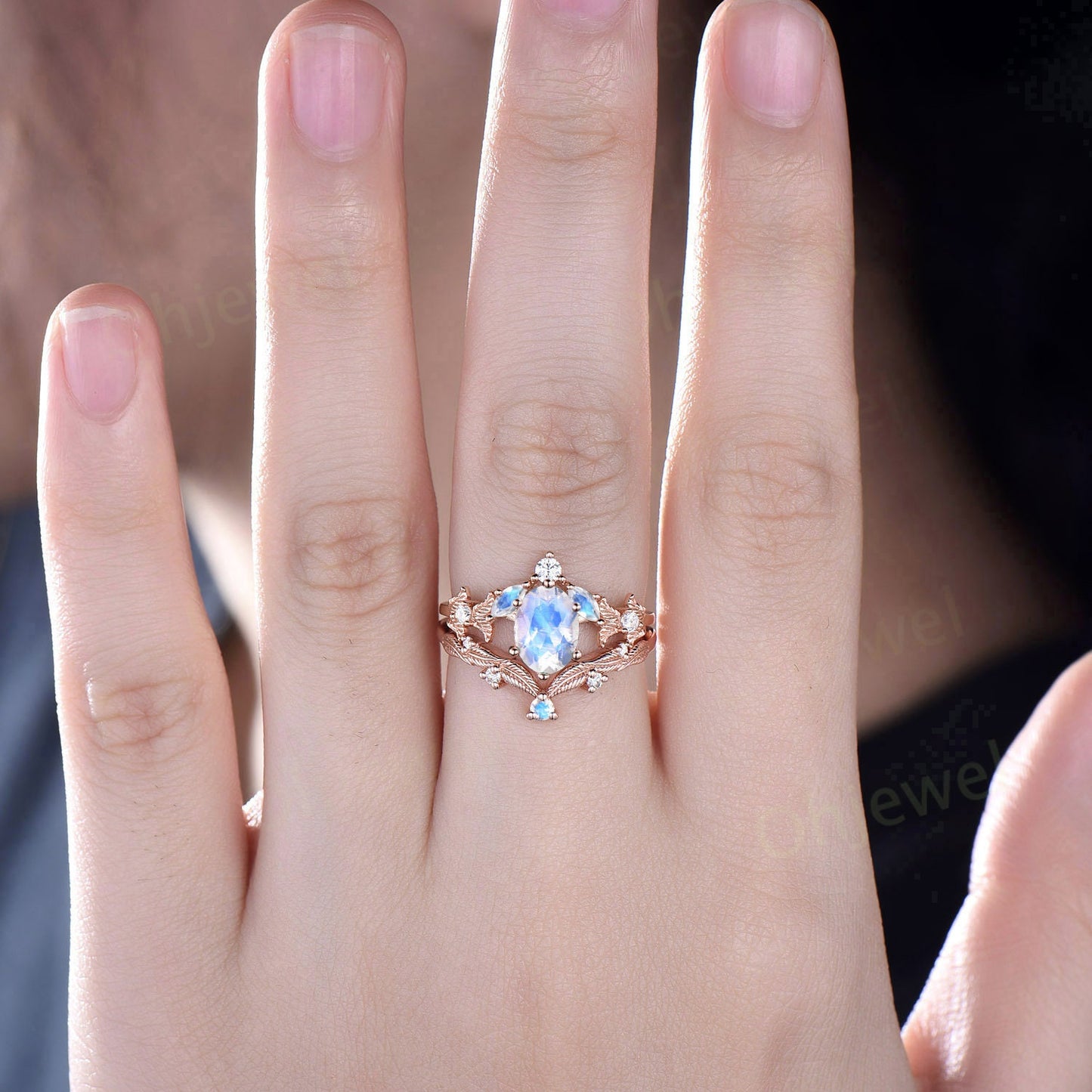 Twig oval cut moonstone engagement ring set 14k rose gold branch leaf nature inspired diamond ring art deco unique wedding ring set women