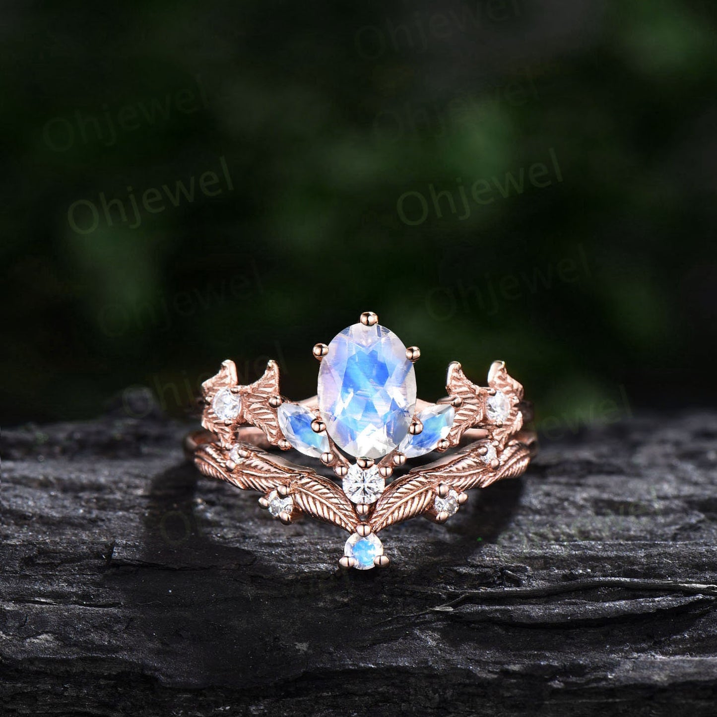Twig oval cut moonstone engagement ring set 14k rose gold branch leaf nature inspired diamond ring art deco unique wedding ring set women