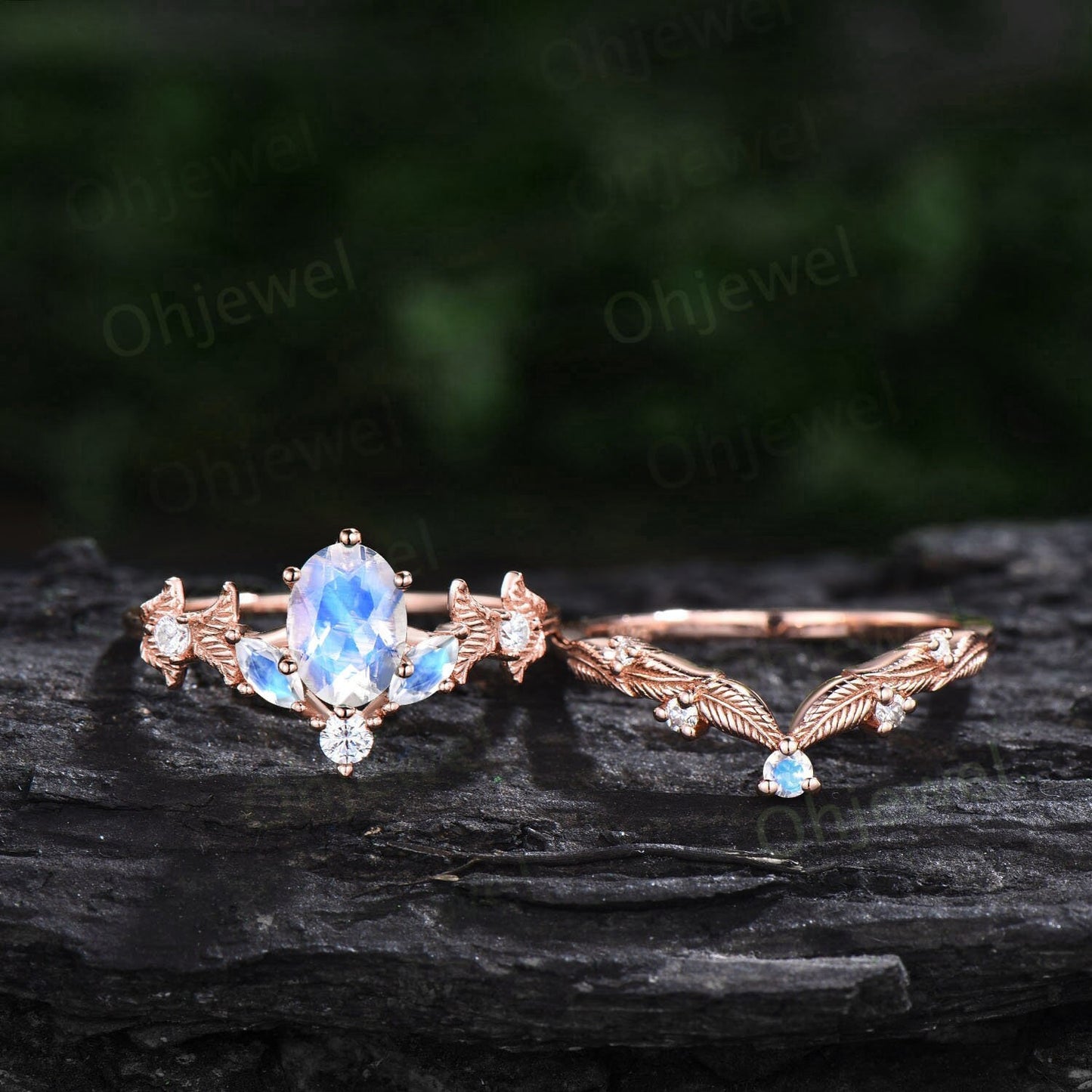 Twig oval cut moonstone engagement ring set 14k rose gold branch leaf nature inspired diamond ring art deco unique wedding ring set women