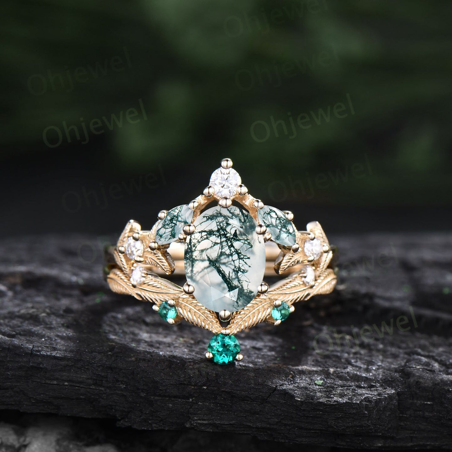 Vintage oval green moss agate engagement ring set rose gold marquise cut ring branch leaf diamond bridal anniversary ring set women gift