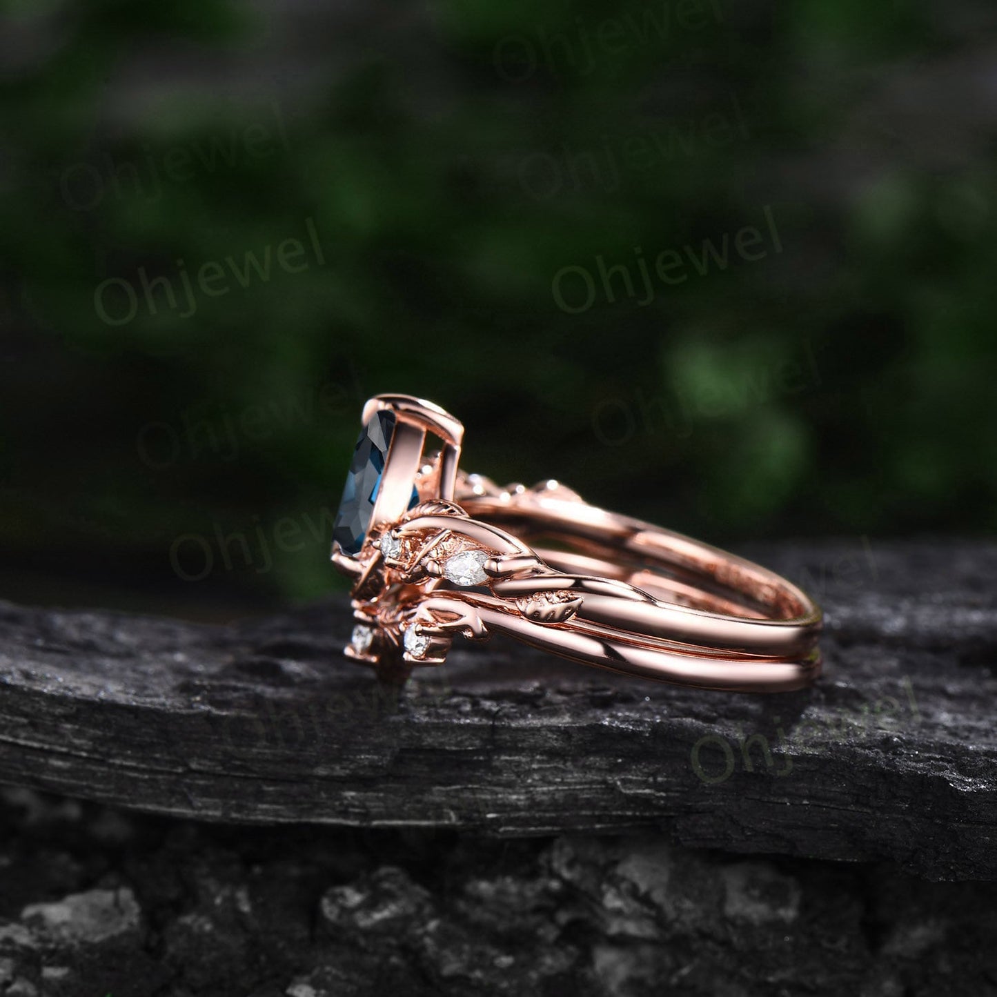 Twig pear shaped London blue topaz engagement ring five stone vintage branch leaf rose gold nature inspired diamond wedding ring set women