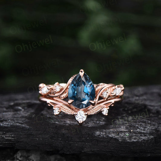 Twig pear shaped London blue topaz engagement ring five stone vintage branch leaf rose gold nature inspired diamond wedding ring set women