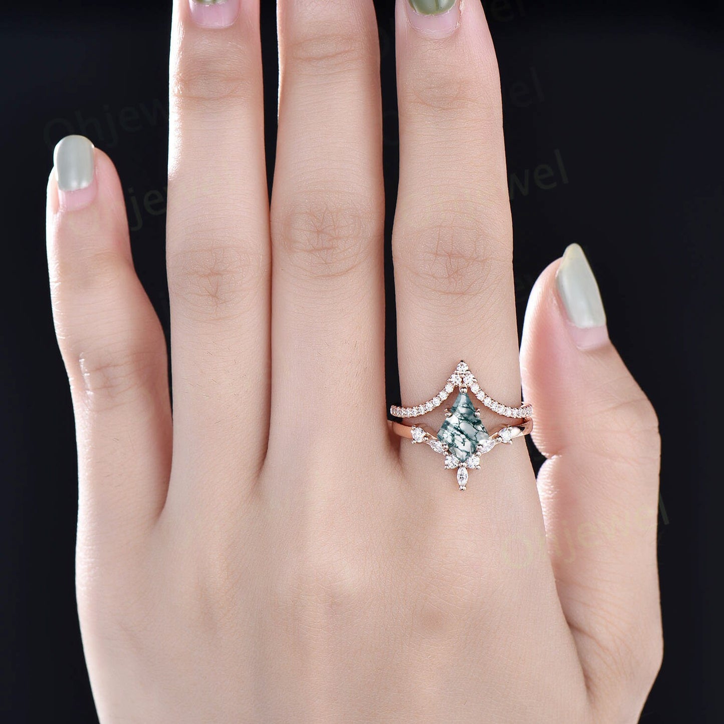 6 prong kite cut green moss agate engagement ring set 14k rose gold marquise diamond vintage unique wedding promise anniversary ring women