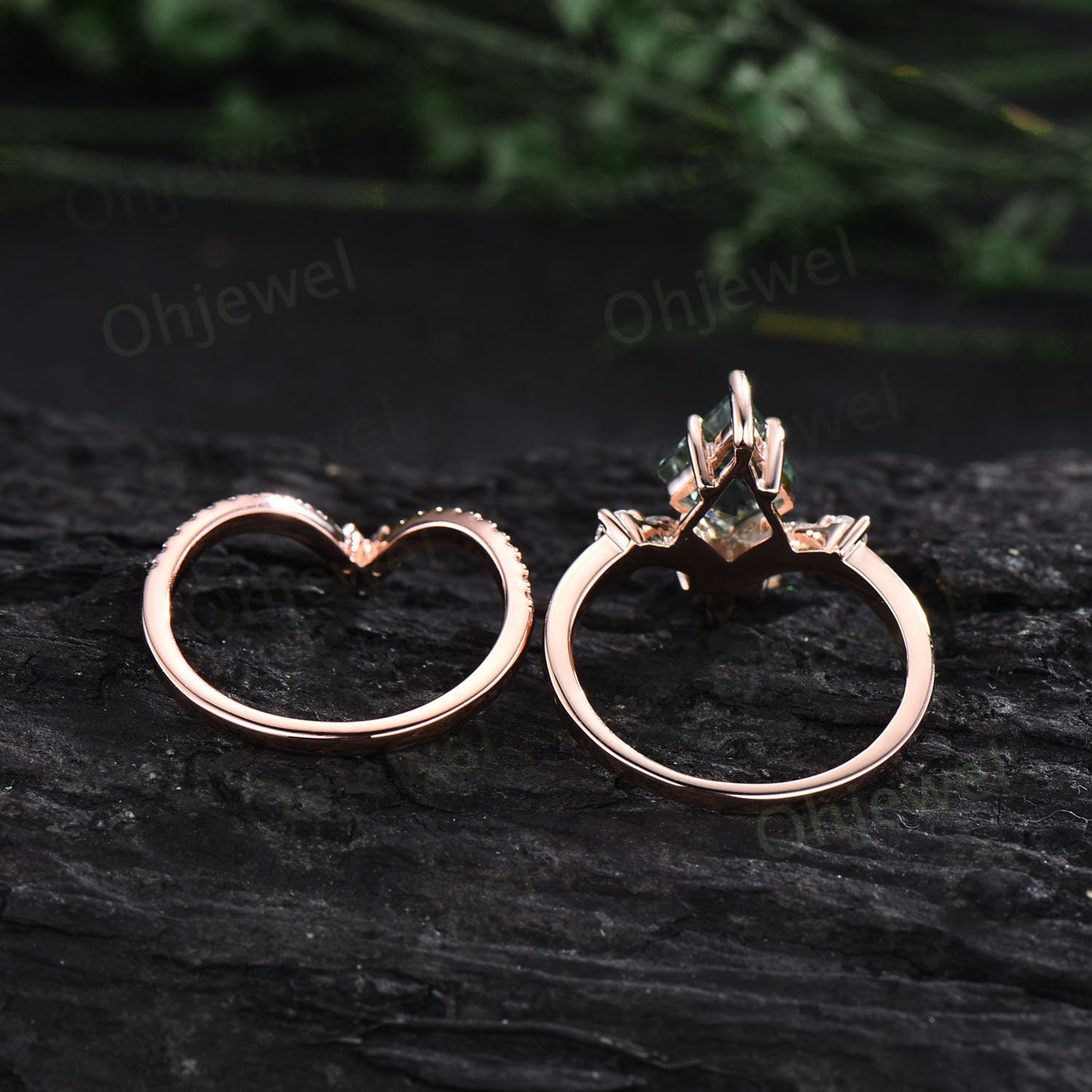 6 prong kite cut green moss agate engagement ring set 14k rose gold marquise diamond vintage unique wedding promise anniversary ring women