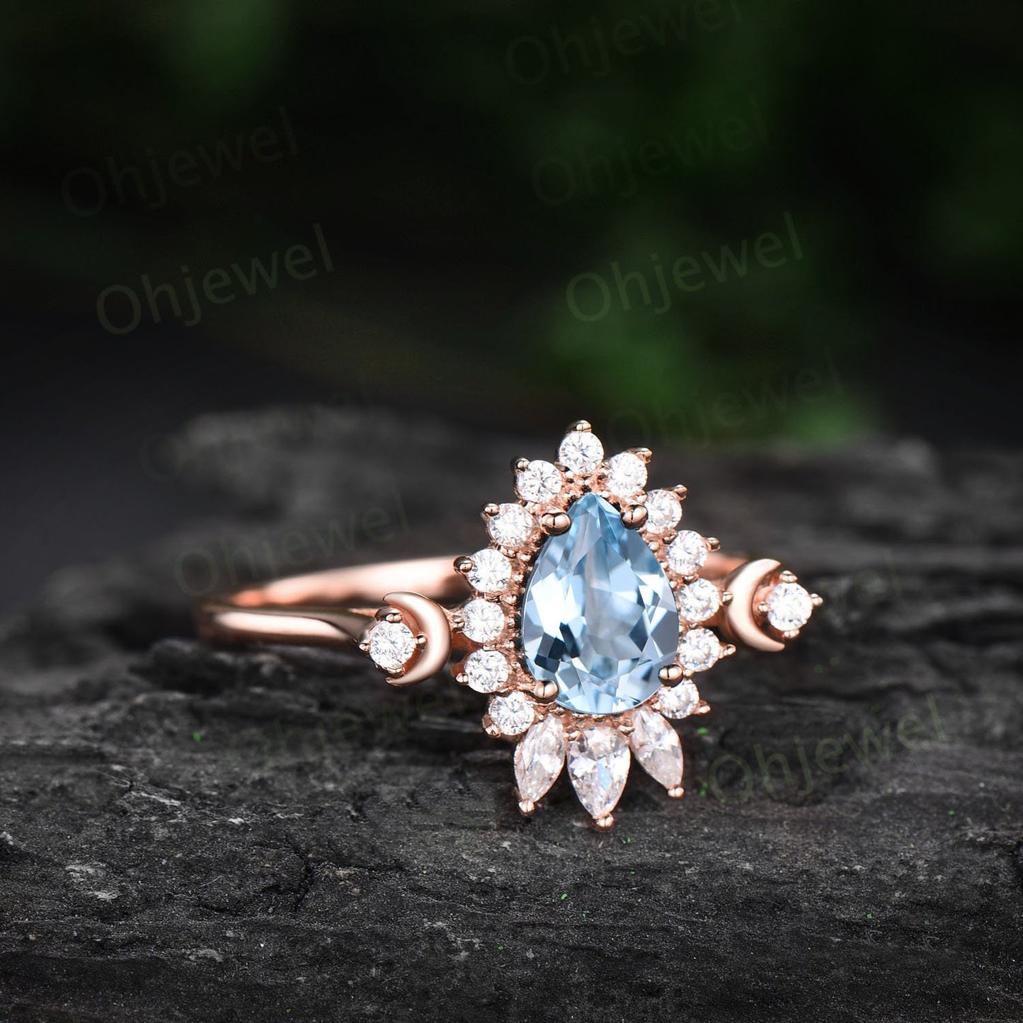 Dainty pear shaped Aquamarine ring unique engagement ring art deco rose gold vintage style ring halo moissanite anniversary ring women gift