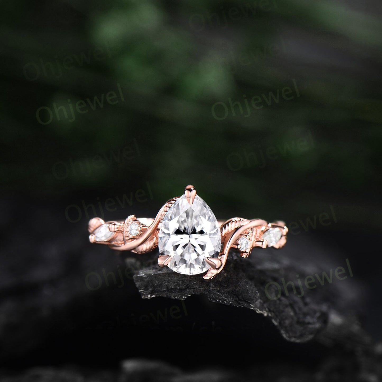 Unique pear shaped Moissanite engagement ring set solid 14k rose gold Twig branch leaf nature inspired diamond anniversary ring women gift