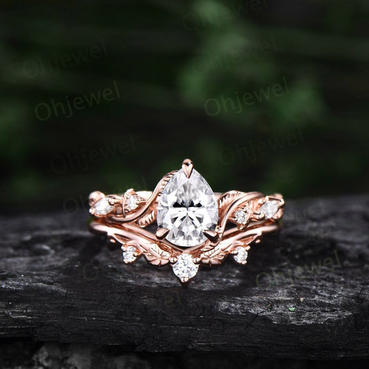 Unique pear shaped Moissanite engagement ring set solid 14k rose gold Twig branch leaf nature inspired diamond anniversary ring women gift