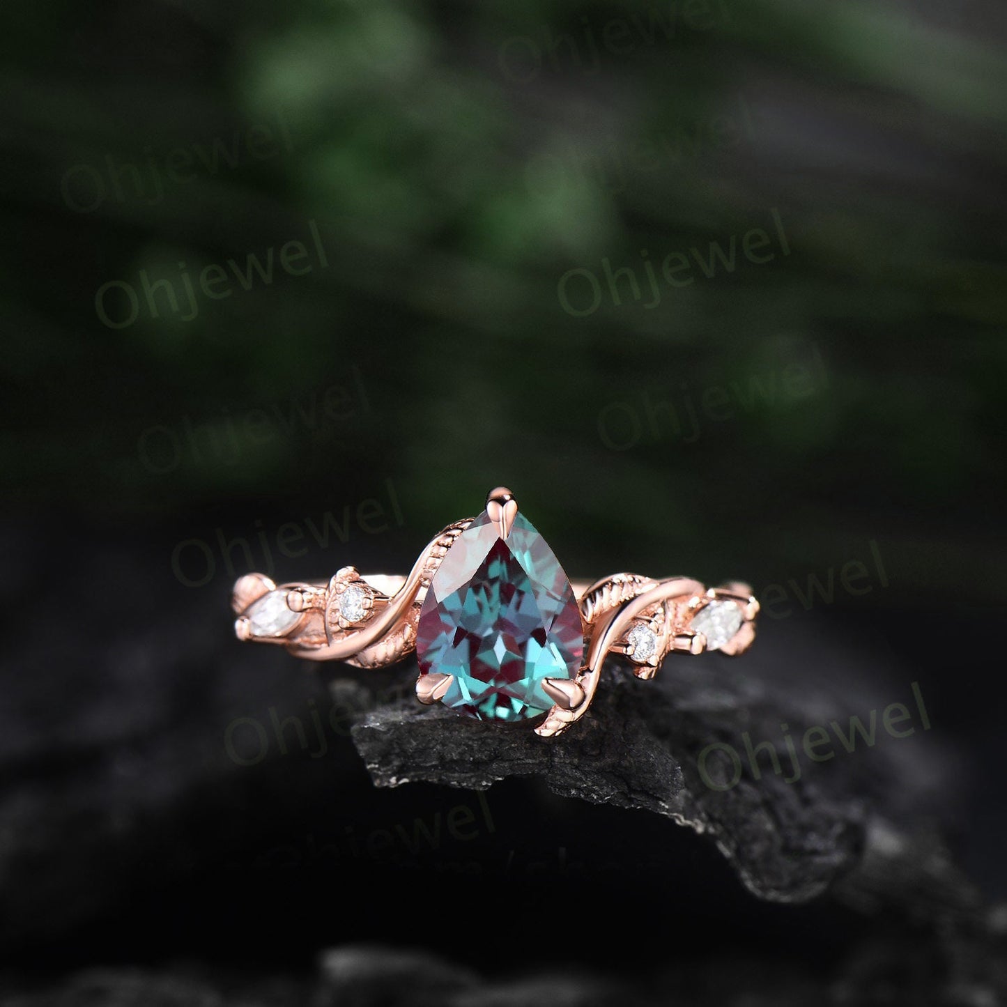 Twig pear shaped Alexandrite engagement ring five stone vintage branch leaf wedding ring set rose gold nature inspired diamond ring women
